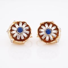 "Quivering Camellias" Earrings With Sapphire & Baguette Crystals By Coro, 1930s
