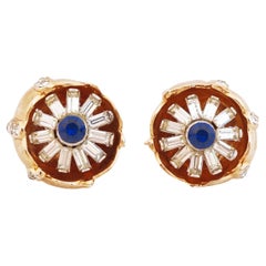 "Quivering Camellias" Earrings With Sapphire & Baguette Crystals By Coro, 1930s
