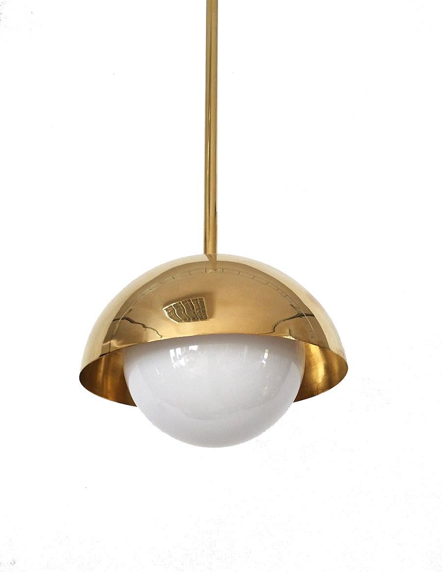 Solid brass hand-spun shade and glass shade.
Finished and assembled by hand. 
Can also be made as flush or semi flush mount.

Dimensions D21 cm / Height to order.
Available also in smaller diameters - contact us for details
Rod length to