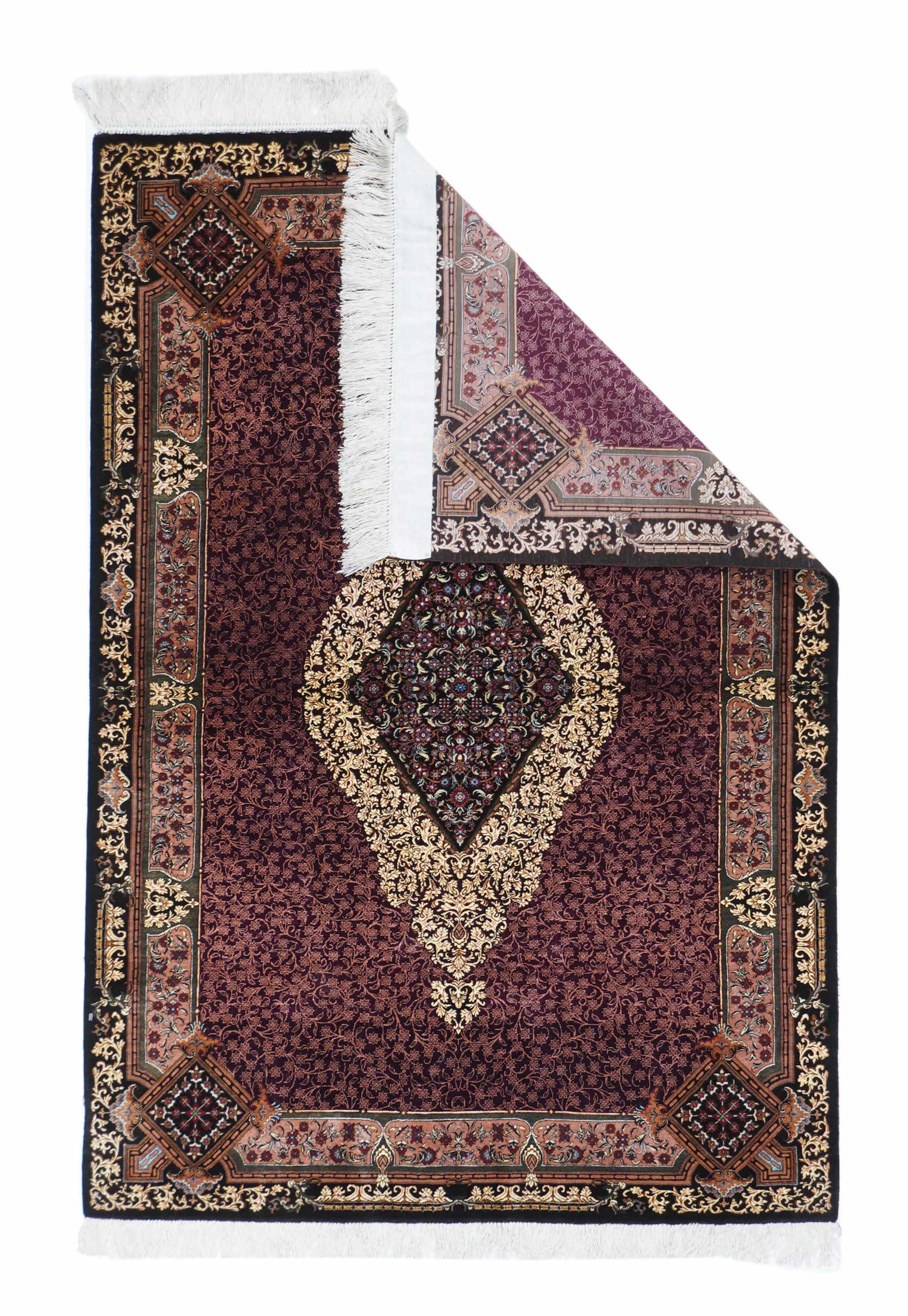 Feiner persischer Qum- Jamshidi-Teppich aus Seide im Vintage-Stil, signiert, 3'4'' x 4'11'' (Sonstiges) im Angebot