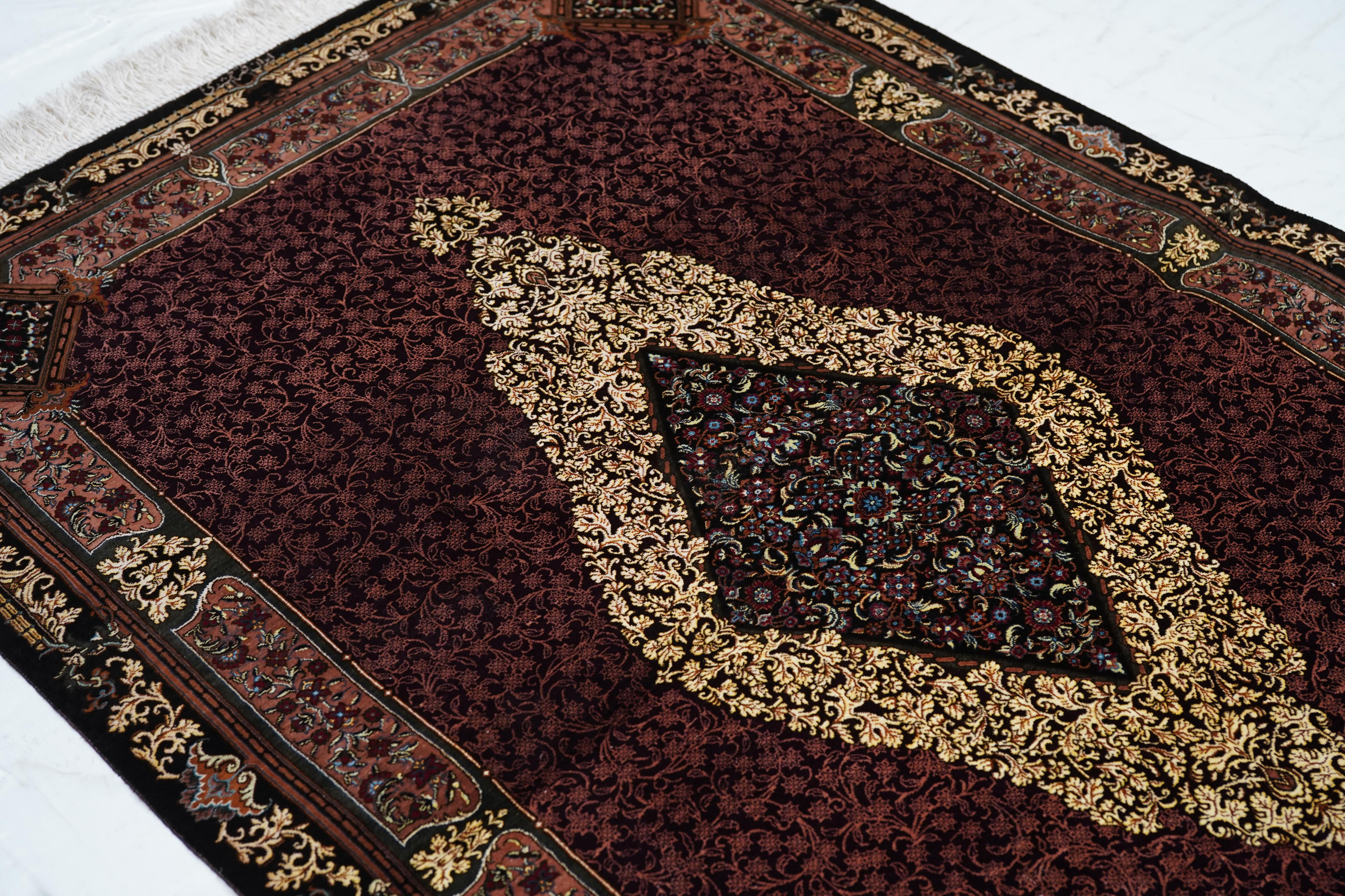 Silk Fine Vintage Persian silk Qum signed Jamshidi Rug 3'4'' x 4'11'' For Sale