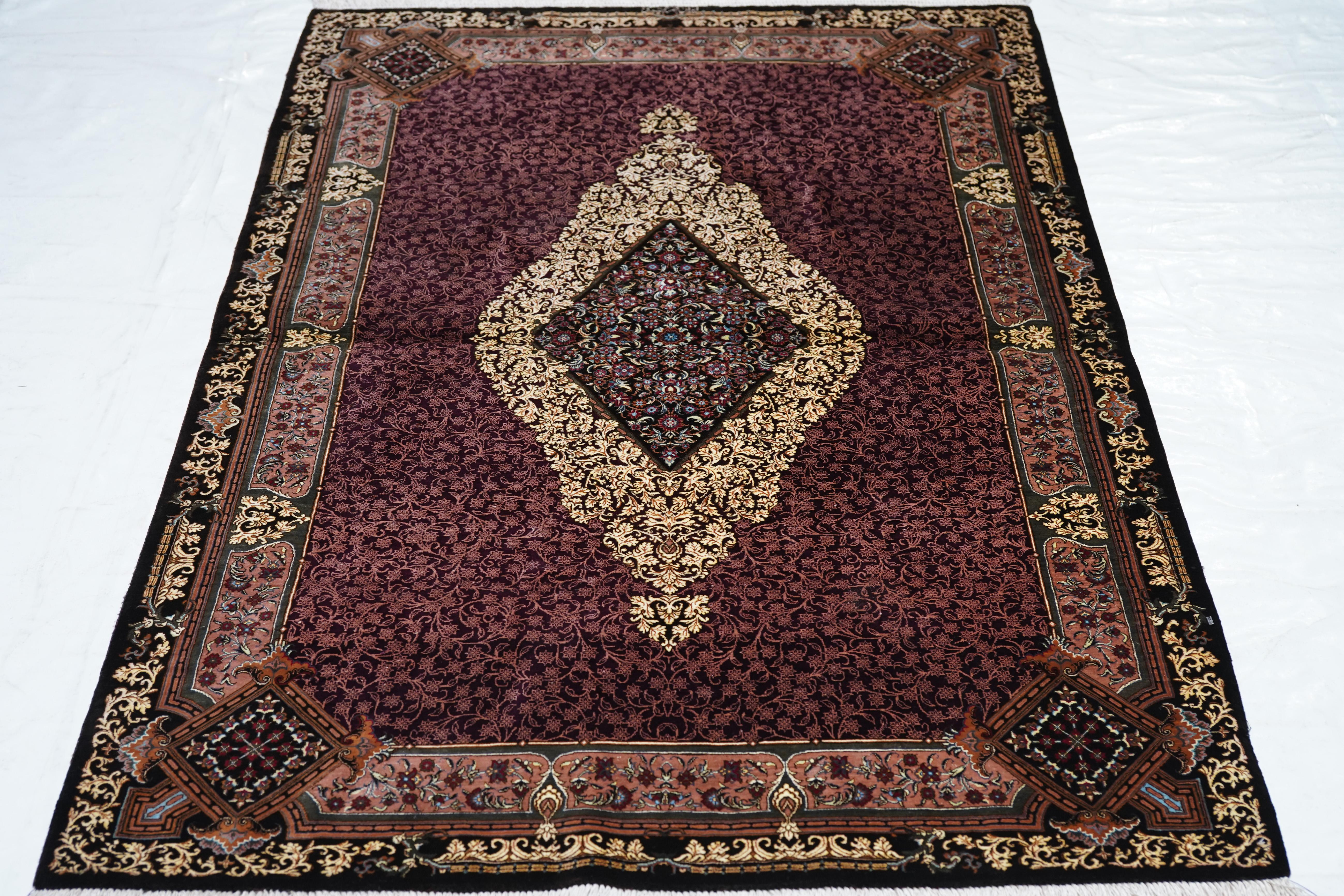 Fine Vintage Persian silk Qum signed Jamshidi Rug 3'4'' x 4'11'' For Sale 1
