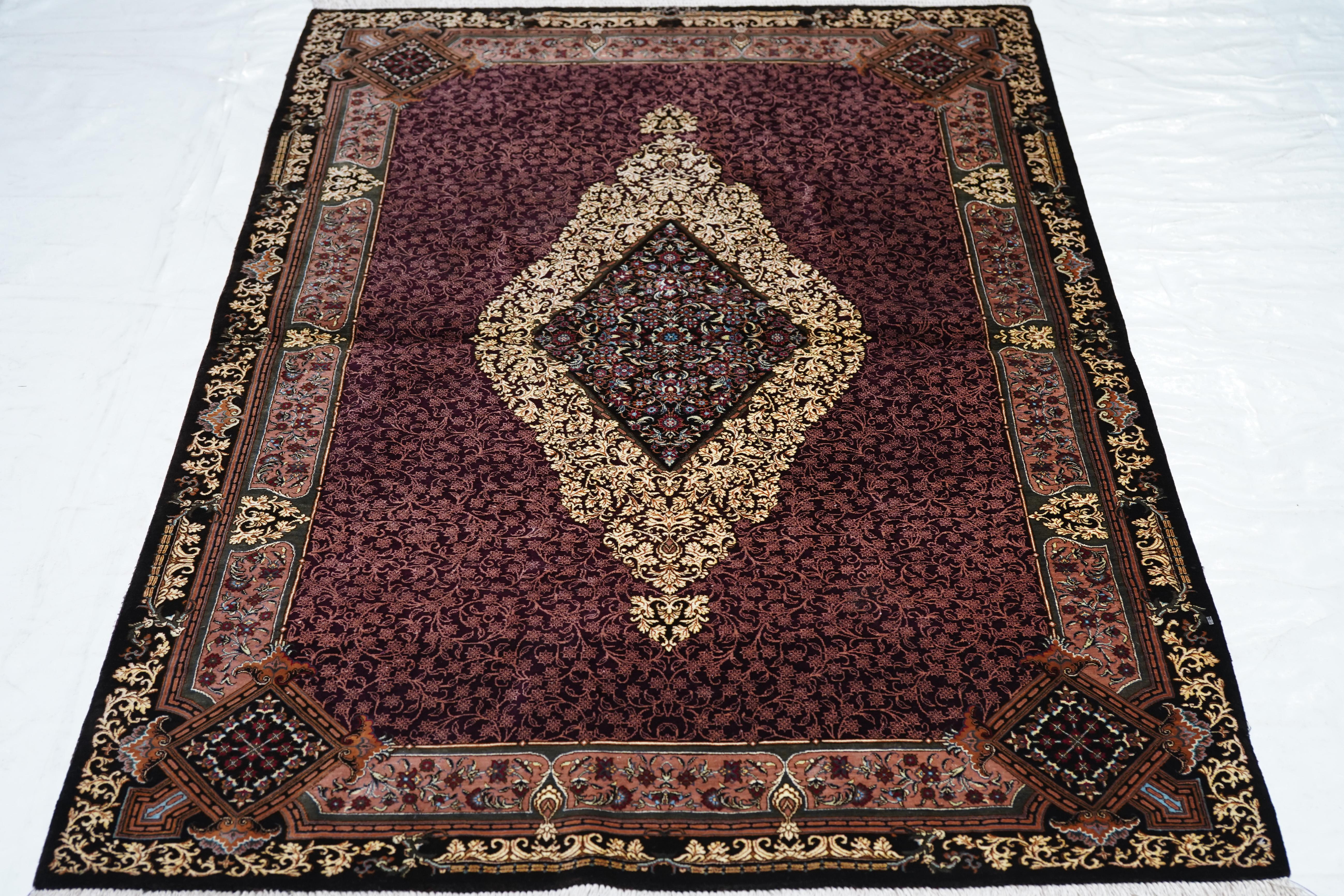Silk Fine Vintage Persian silk Qum signed Jamshidi Rug 3'4'' x 4'11'' For Sale