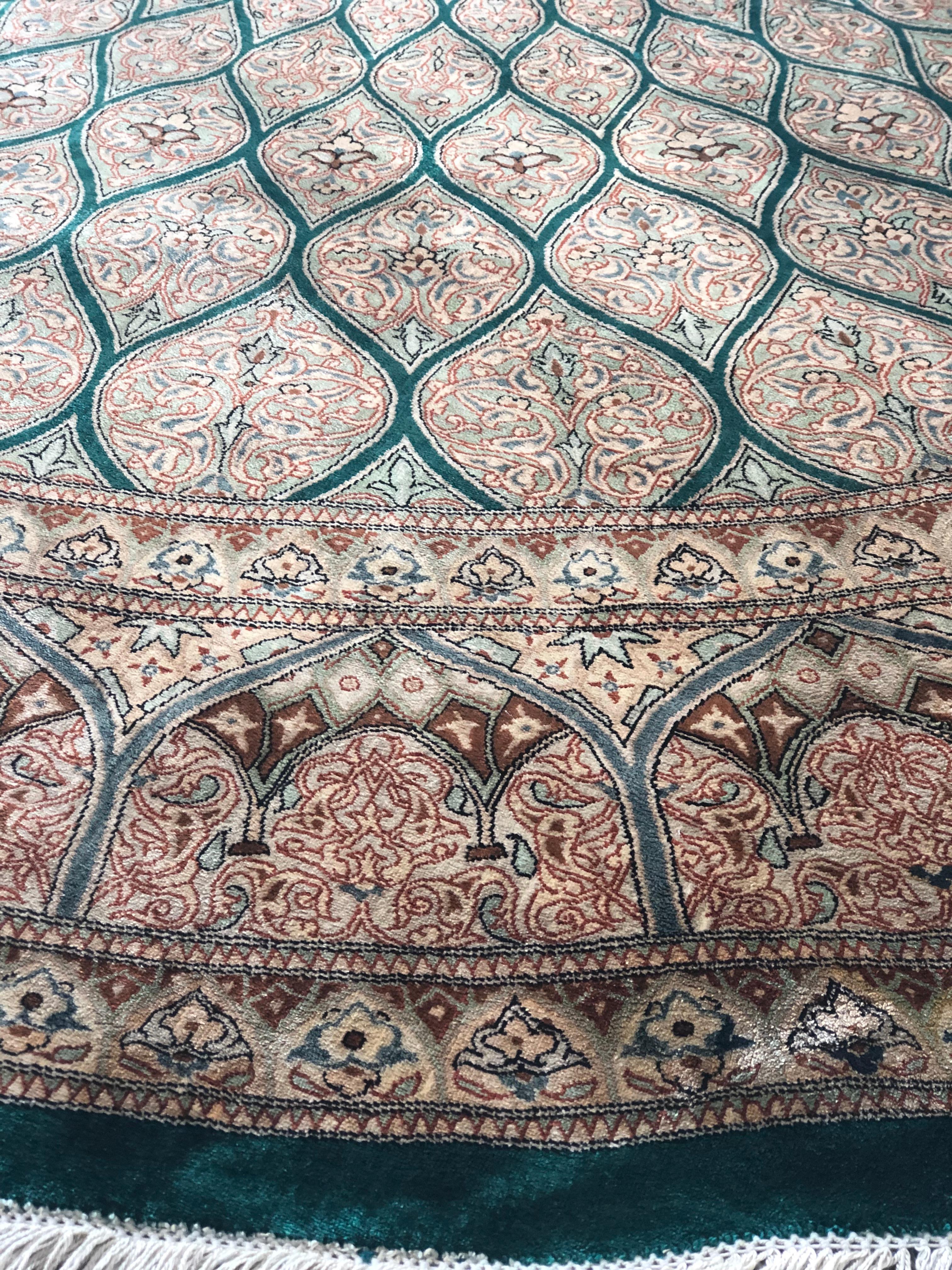 Asian Qum Kazemi Round Fine Vintage Persian Silk Hand Knotted Rug in Green