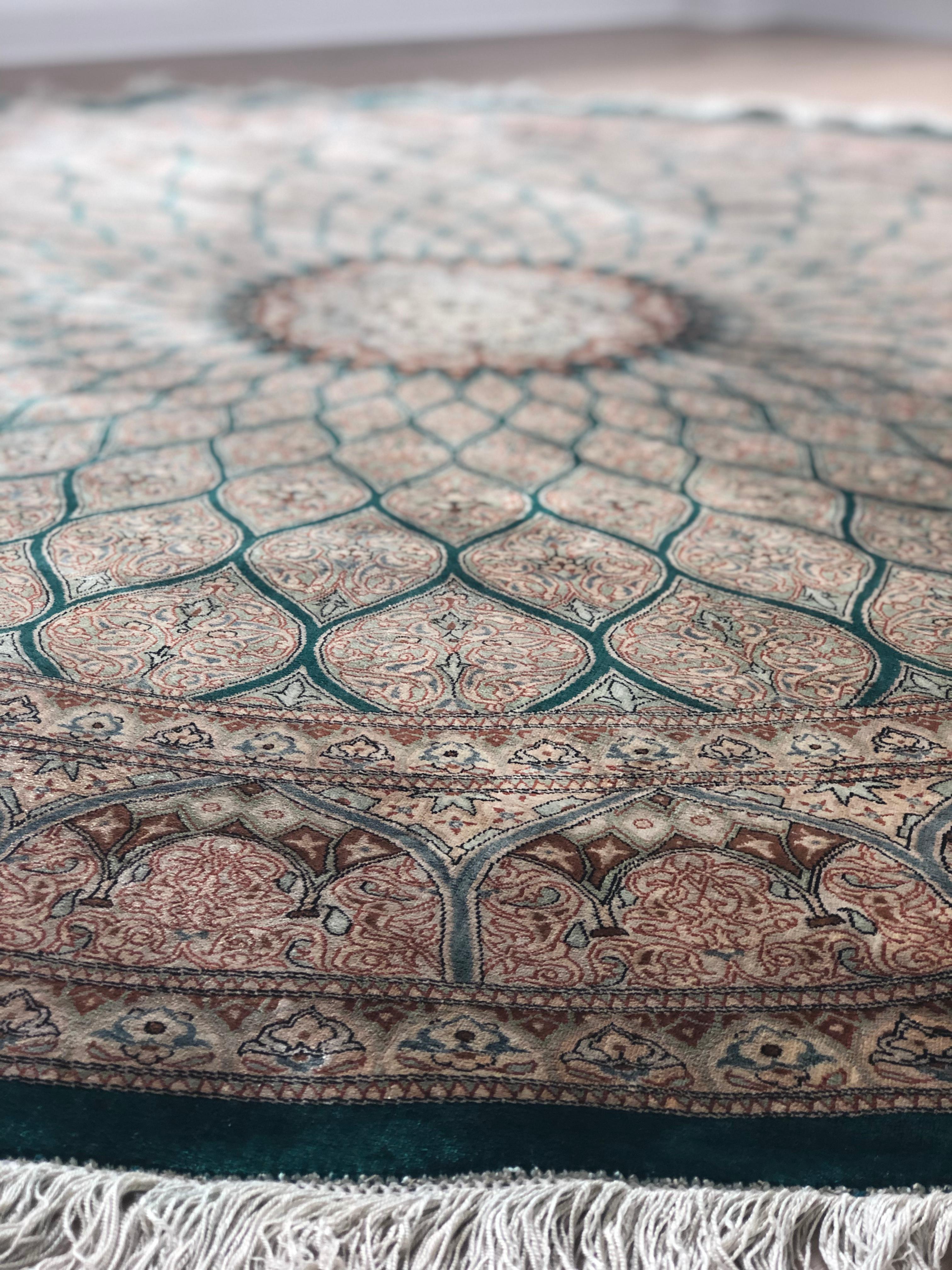 Hand-Knotted Qum Kazemi Round Fine Vintage Persian Silk Hand Knotted Rug in Green