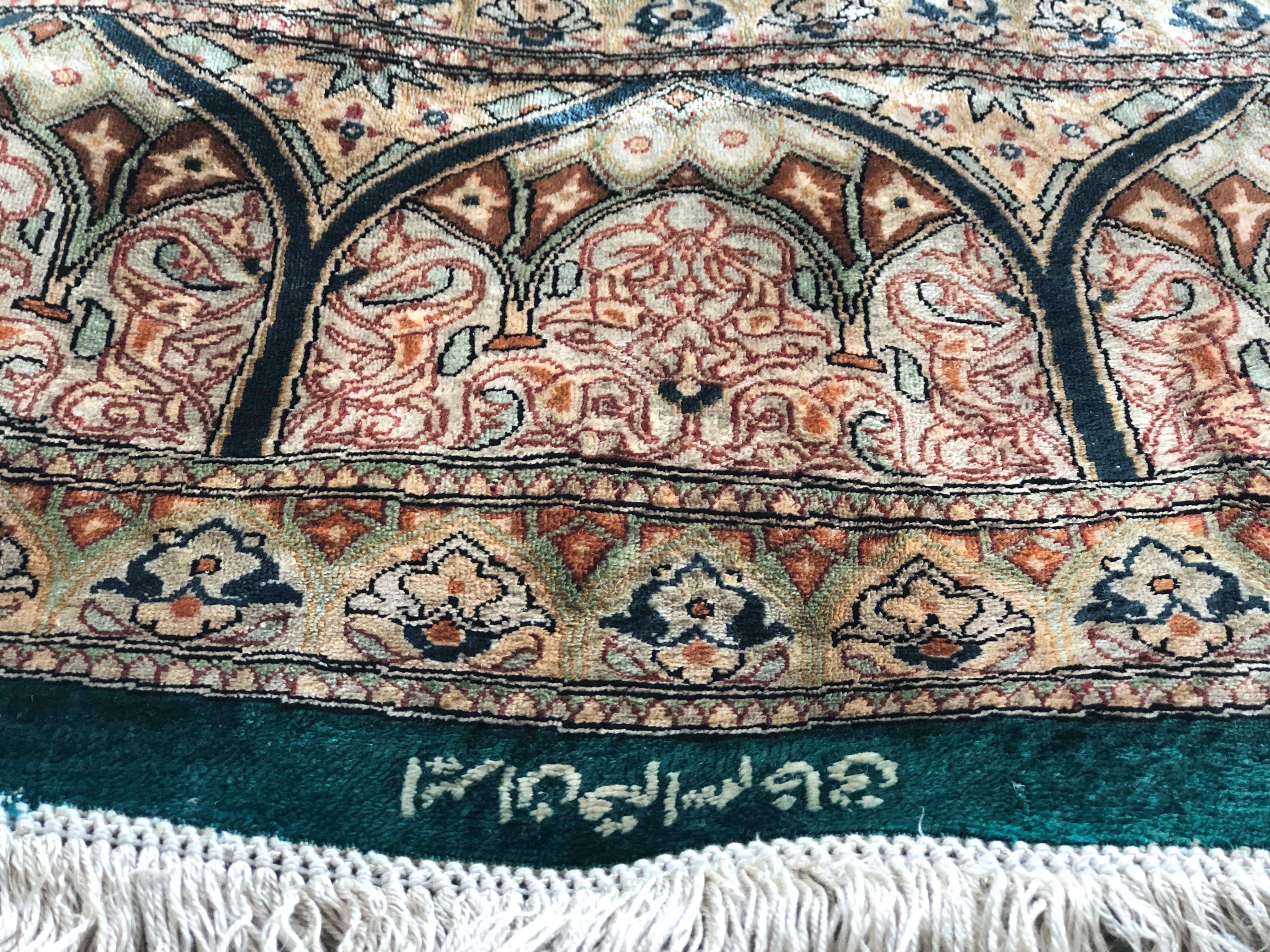 Qum Kazemi Round Fine Vintage Persian Silk Hand Knotted Rug in Green In Good Condition In Sofia, BG