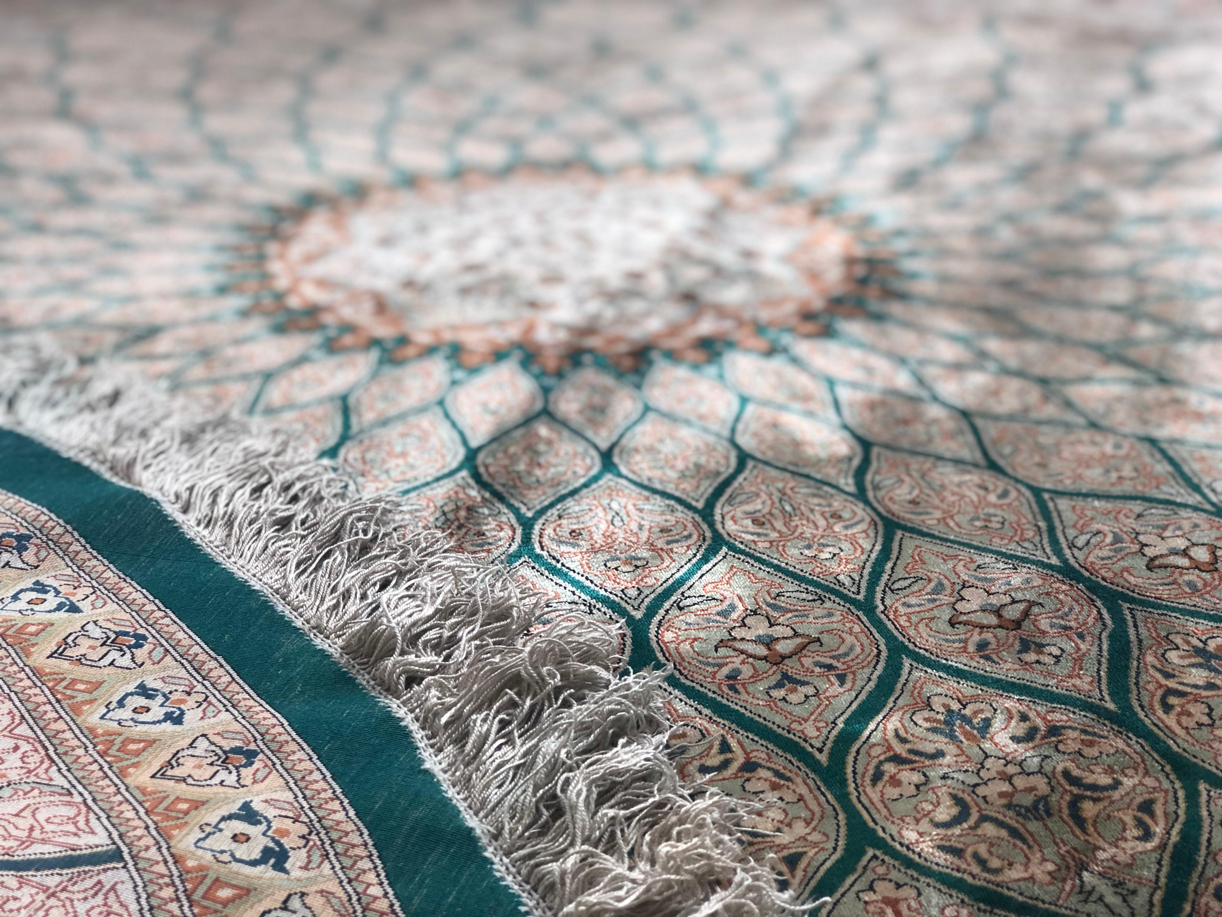 20th Century Qum Kazemi Round Fine Vintage Persian Silk Hand Knotted Rug in Green
