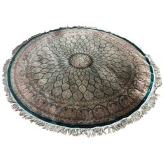 Qum Kazemi Round Fine Vintage Persian Silk Hand Knotted Rug in Green