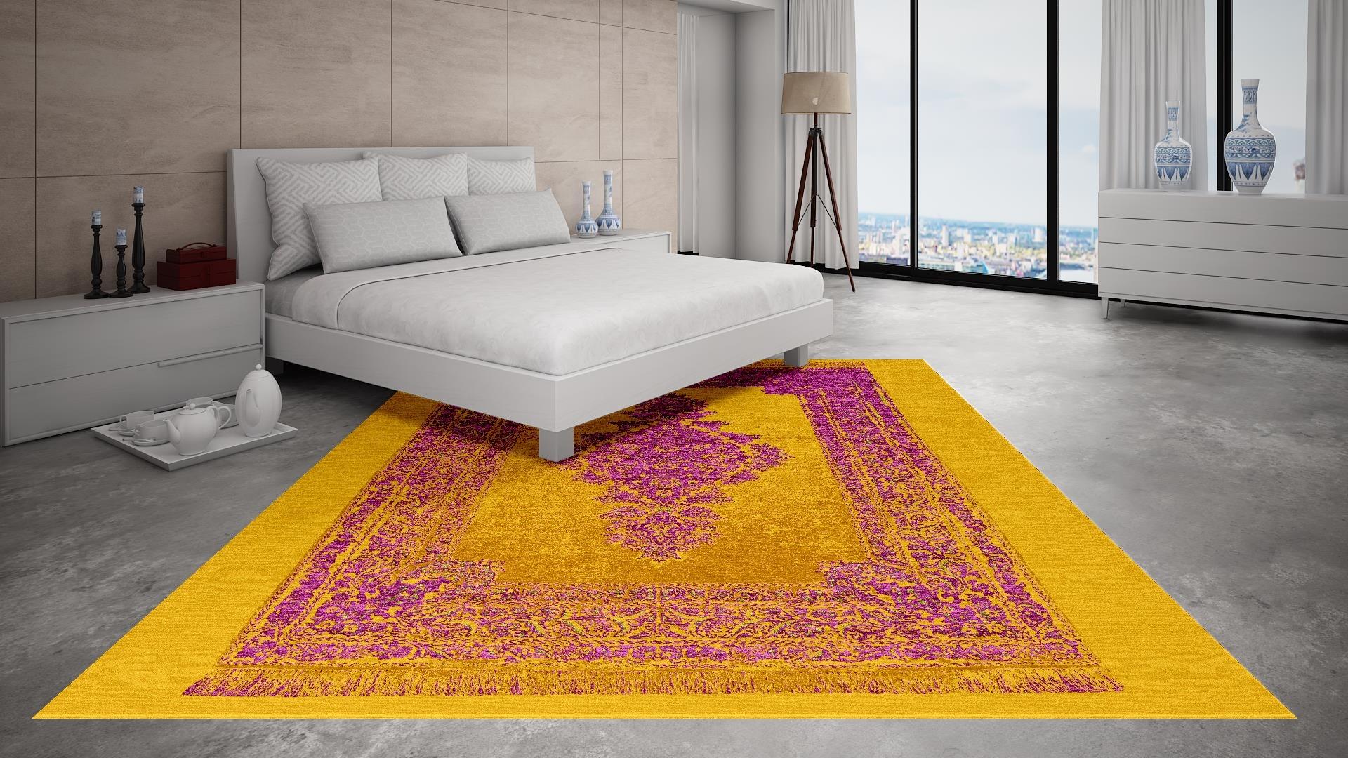 Qum Refracted Gold Orchid Hand Knotted Contemporary Modern Design Carpet For Sale 2
