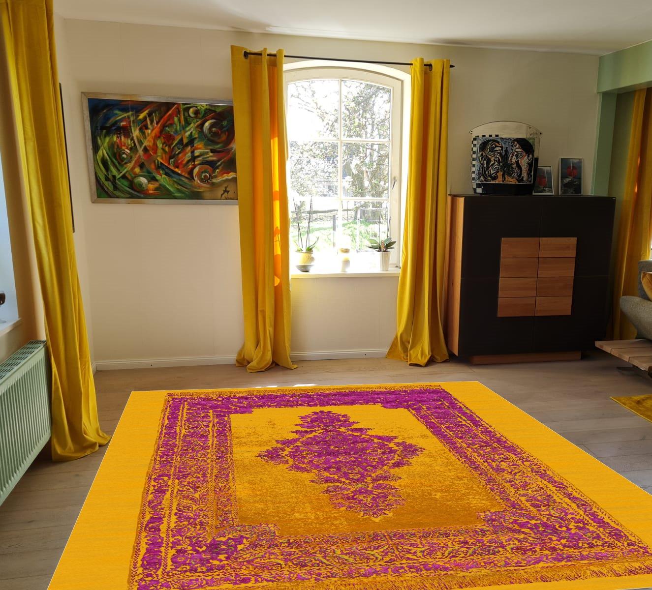 Alfombra de diseño moderno contemporáneo Qum Refracted Gold Orchid Hand Knotted en venta 1