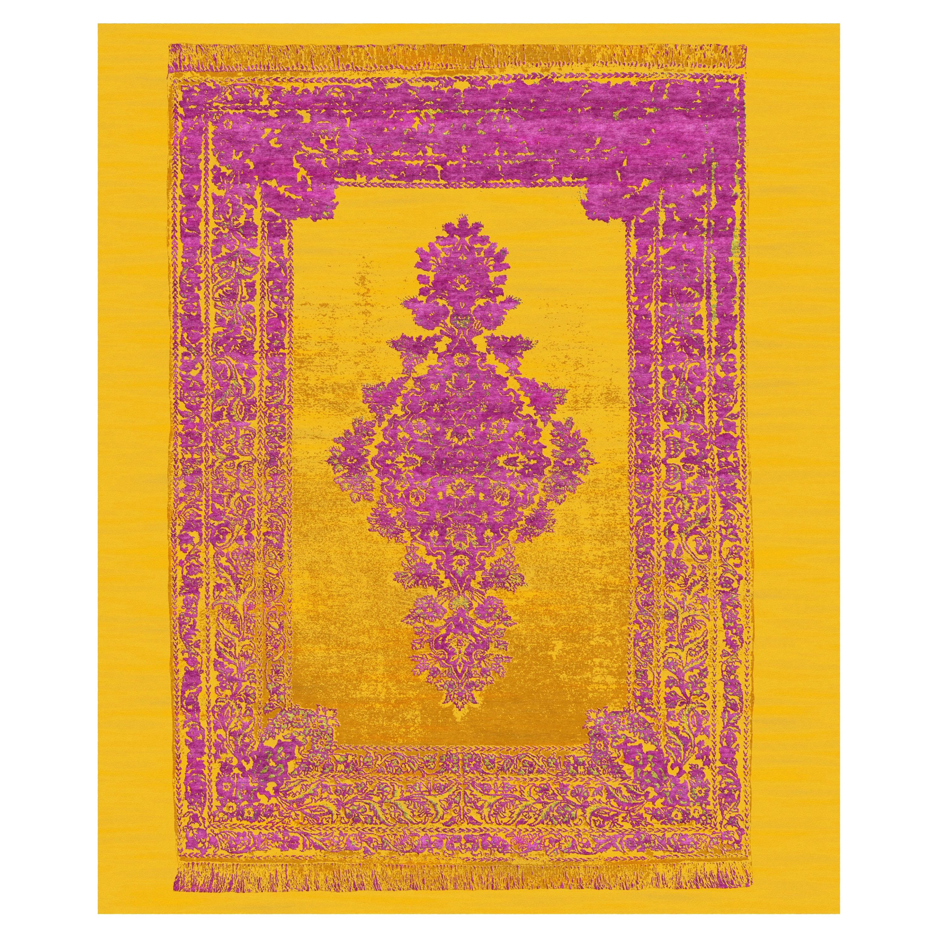 Qum Refracted Gold Orchid Hand Knotted Contemporary Modern Design Carpet