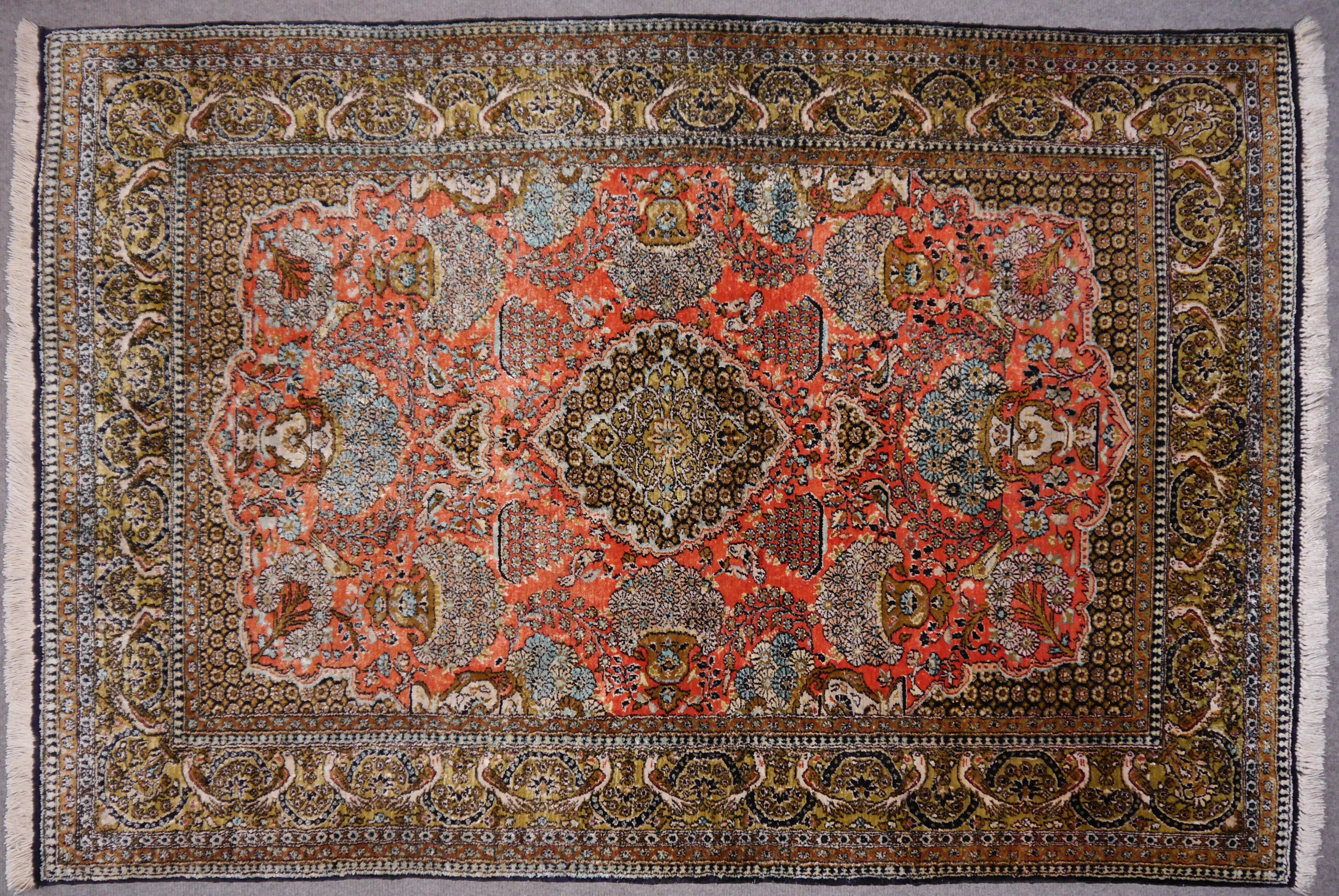 Qum Rug  Qom Rug  Ghom Rug  Hand-knotted Rug  5.2 x 3.6 ft / 155 x 108 cm
A very fine Qum silk carpet
Technique: hand knotted
Pile material: Silk
Warp: Silk
Quality: very fine knotted
Vintage rug
Floral with medallion. Very detailed work. 
Qum silk