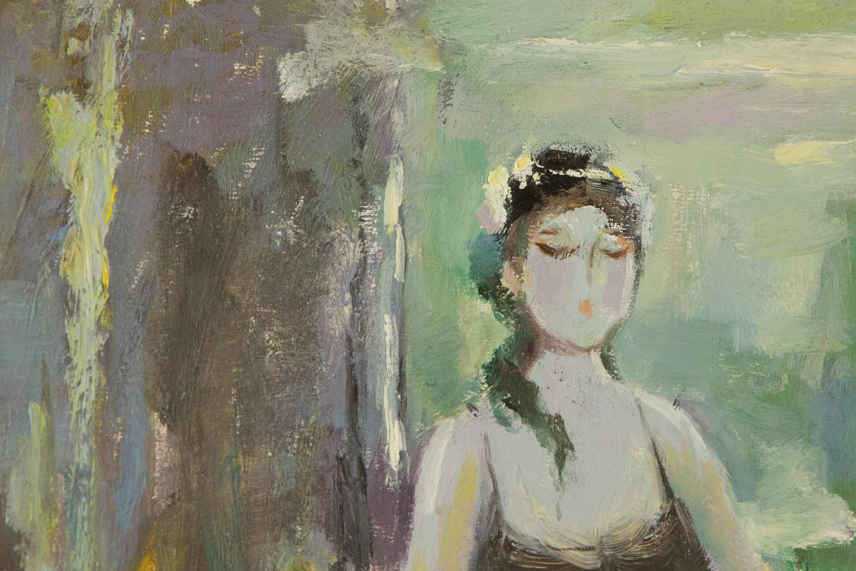 Qun Song, Porträt, Original, Öl auf Leinwand, „Tranquility“ (Grau), Figurative Painting, von  Qun Song