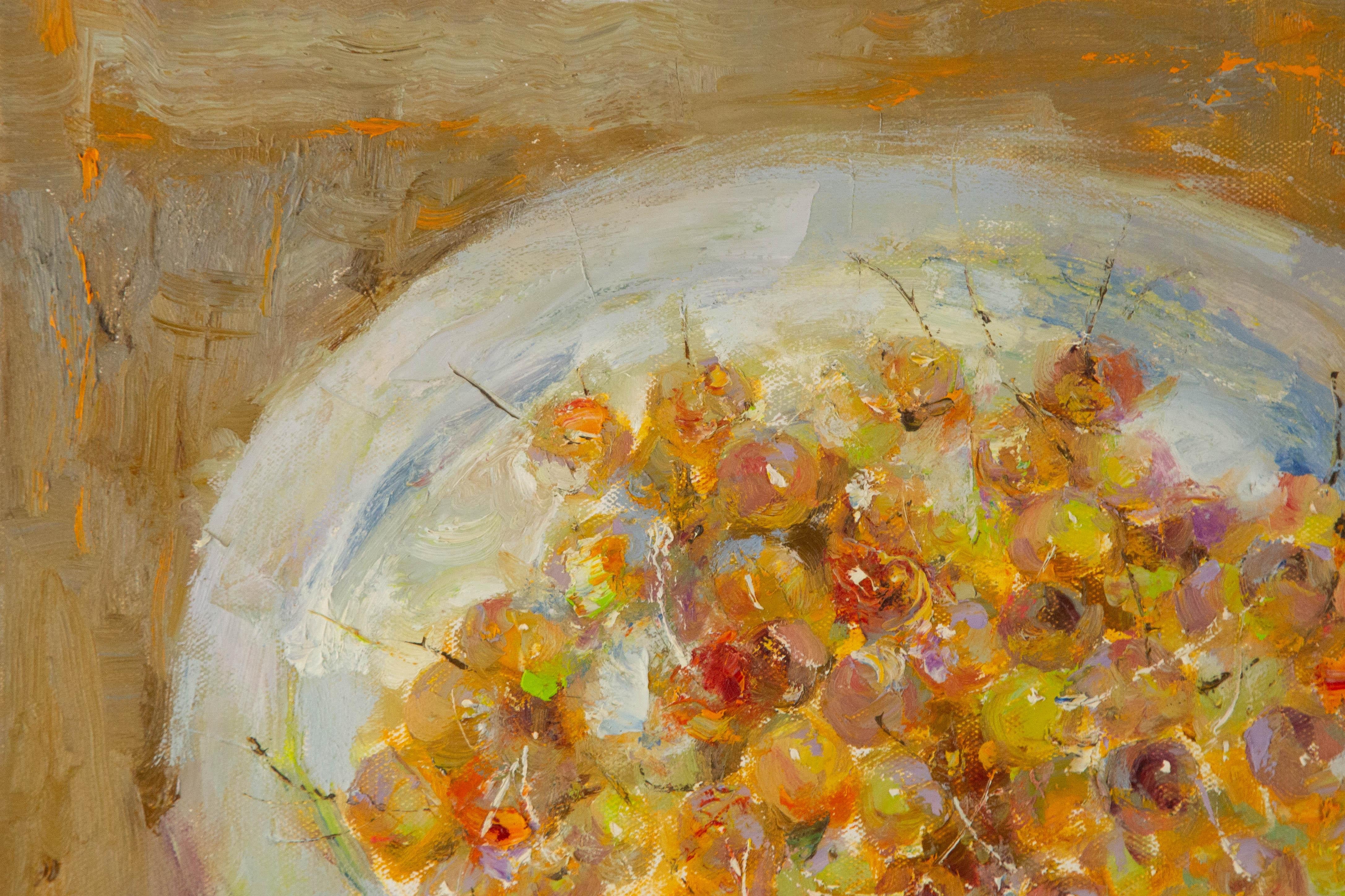 Qun Song Stillleben Original Öl auf Leinwand „Some Cherries“ (Braun), Still-Life Painting, von  Qun Song