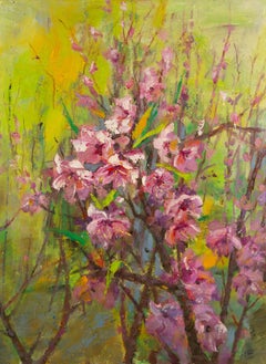 Qun Song Floral Original Oil On Canvas "Peach Flower Blooming"