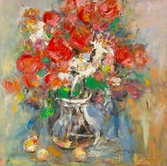 Qun Song Floral Original Oil On Canvas "Red Romance"