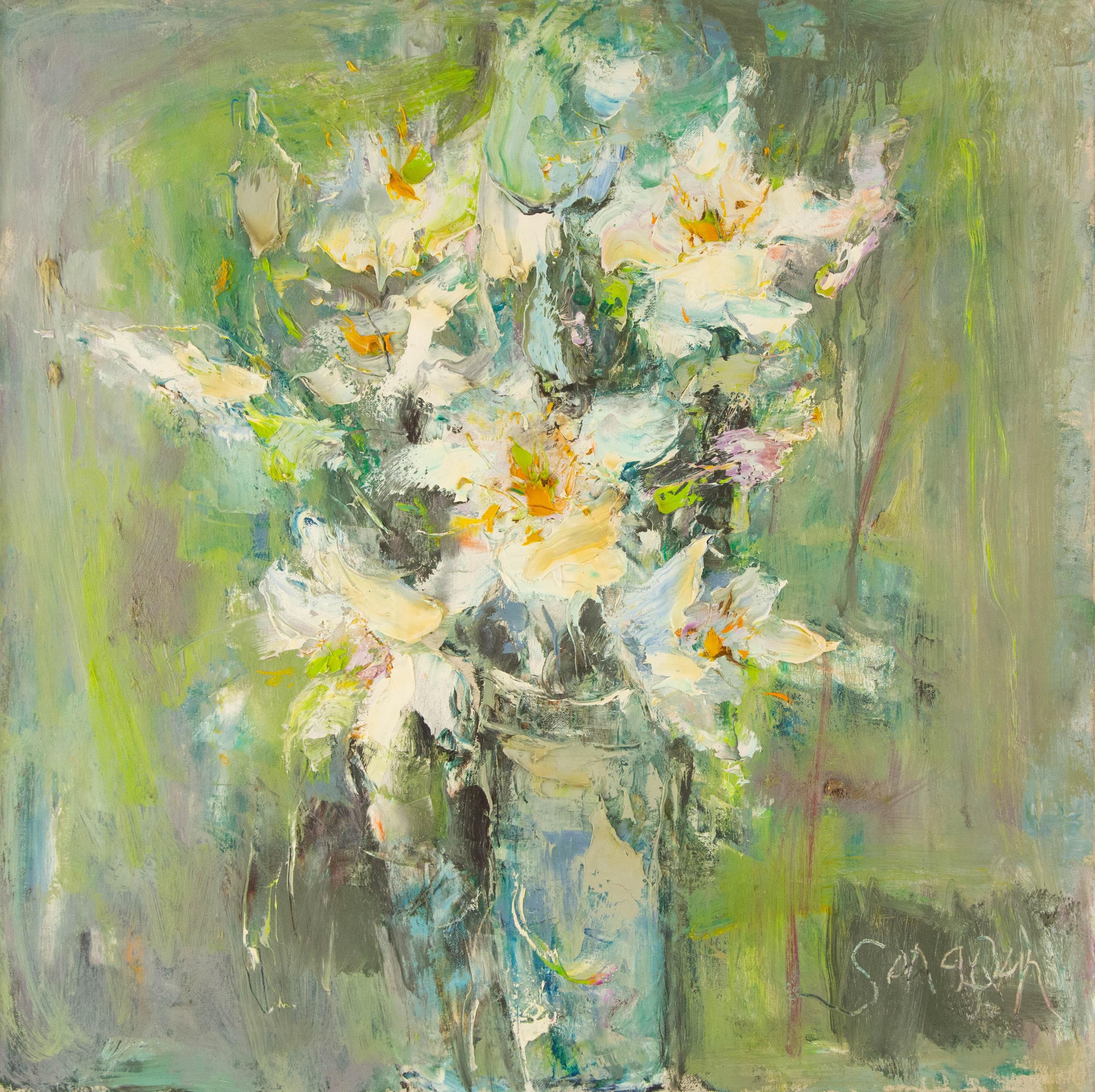  Title: White Lily
 Medium: Oil on canvas
 Size: 23 x 23 inches
 Frame: Framing options available!
 Condition: The painting appears to be in excellent condition.
 Note: This painting is unstretched
 Year: 2000 Circa
 Artist: Qun Song
 Signature: