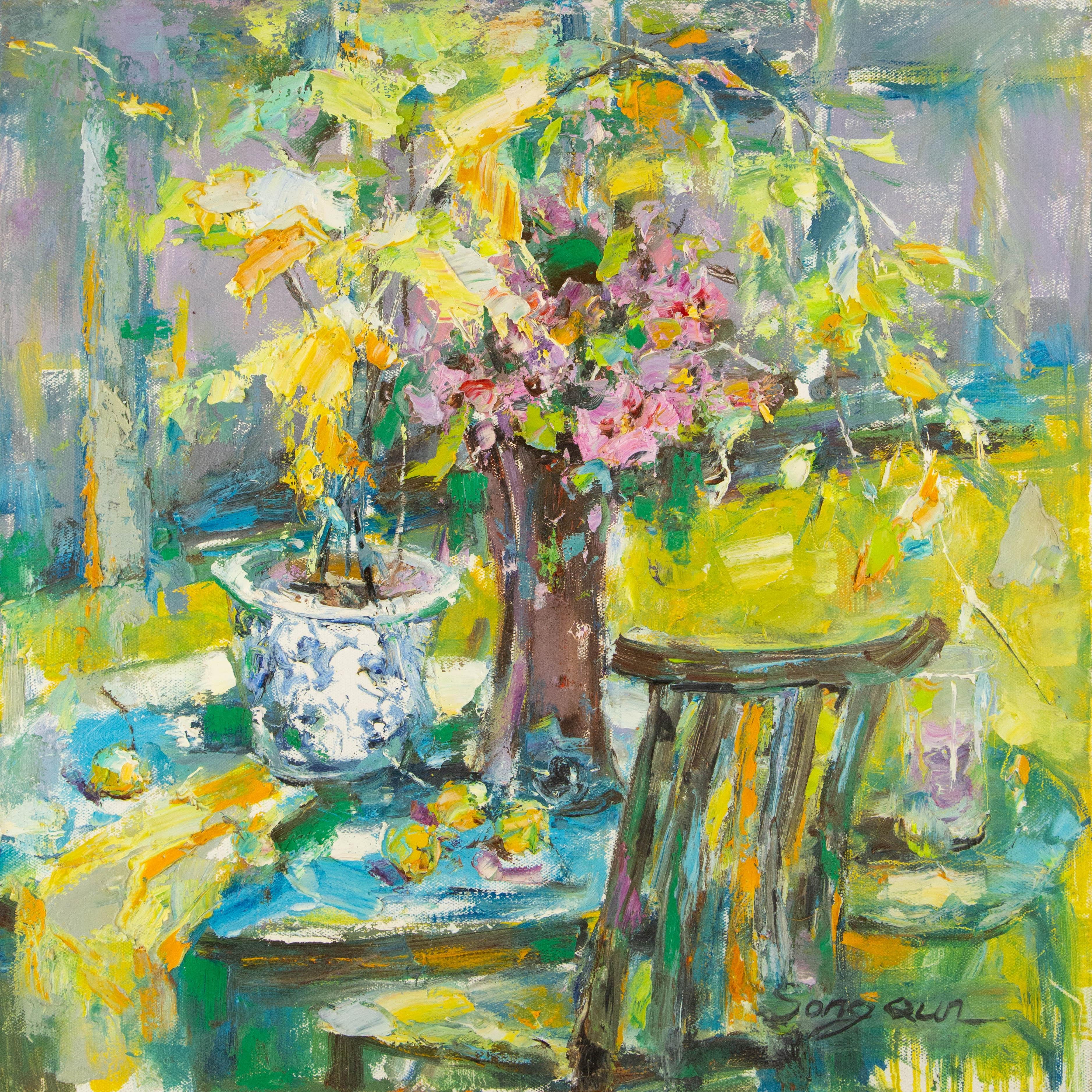 Qun Song Impressionistisches Original Ölgemälde auf Leinwand „Blumenblütenblütenblüten“