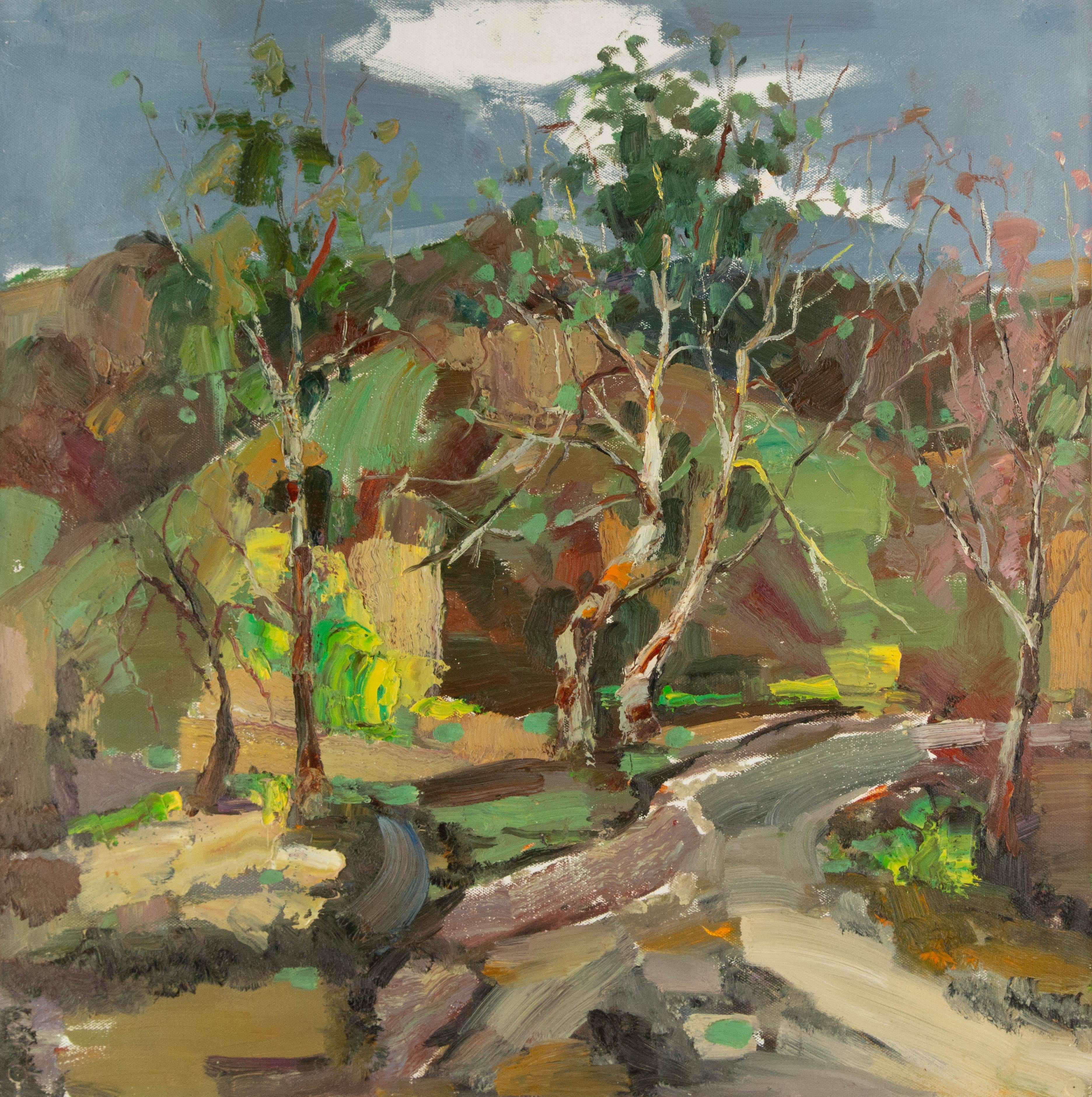  Title: Trees In Autumn
 Medium: Oil on canvas
 Size: 27 x 27 inches
 Frame: Framing options available!
 Condition: The painting appears to be in excellent condition.
 Note: This painting is unstretched
 Year: 2013
 Artist: Qun Song
 Signature: