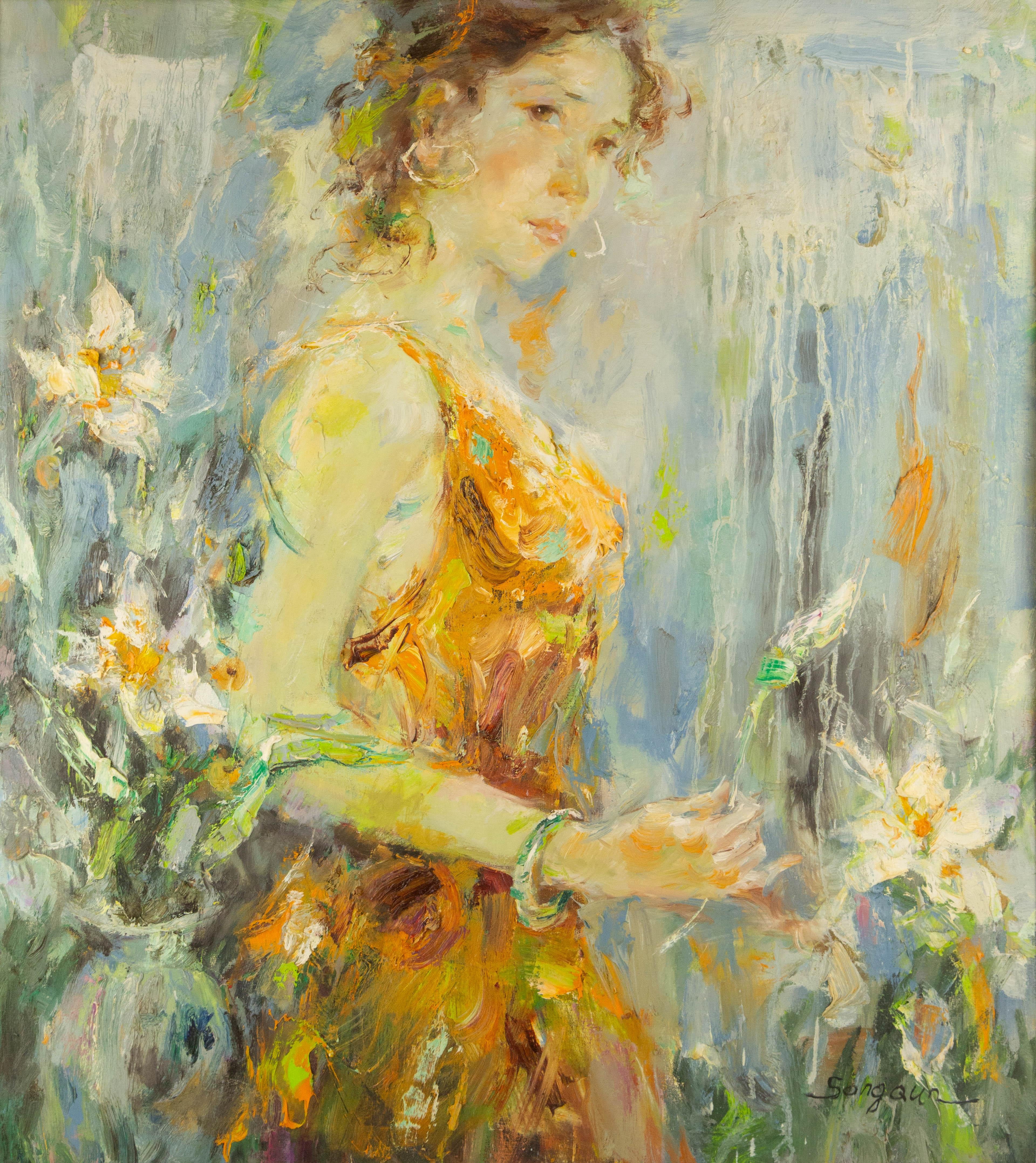  Title: Lilies
 Medium: Oil on canvas
 Size: 34 x 31 inches
 Frame: Framing options available!
 Condition: The painting appears to be in excellent condition.
 Note: This painting is unstretched
 Year: 2000 Circa
 Artist: Qun Song
 Signature: Signed
