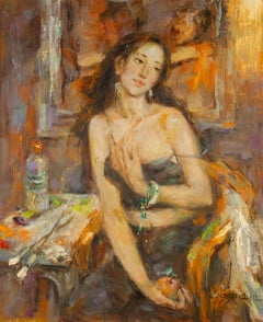Qun Song Retrato Original Óleo Sobre Lienzo "La manzana roja"