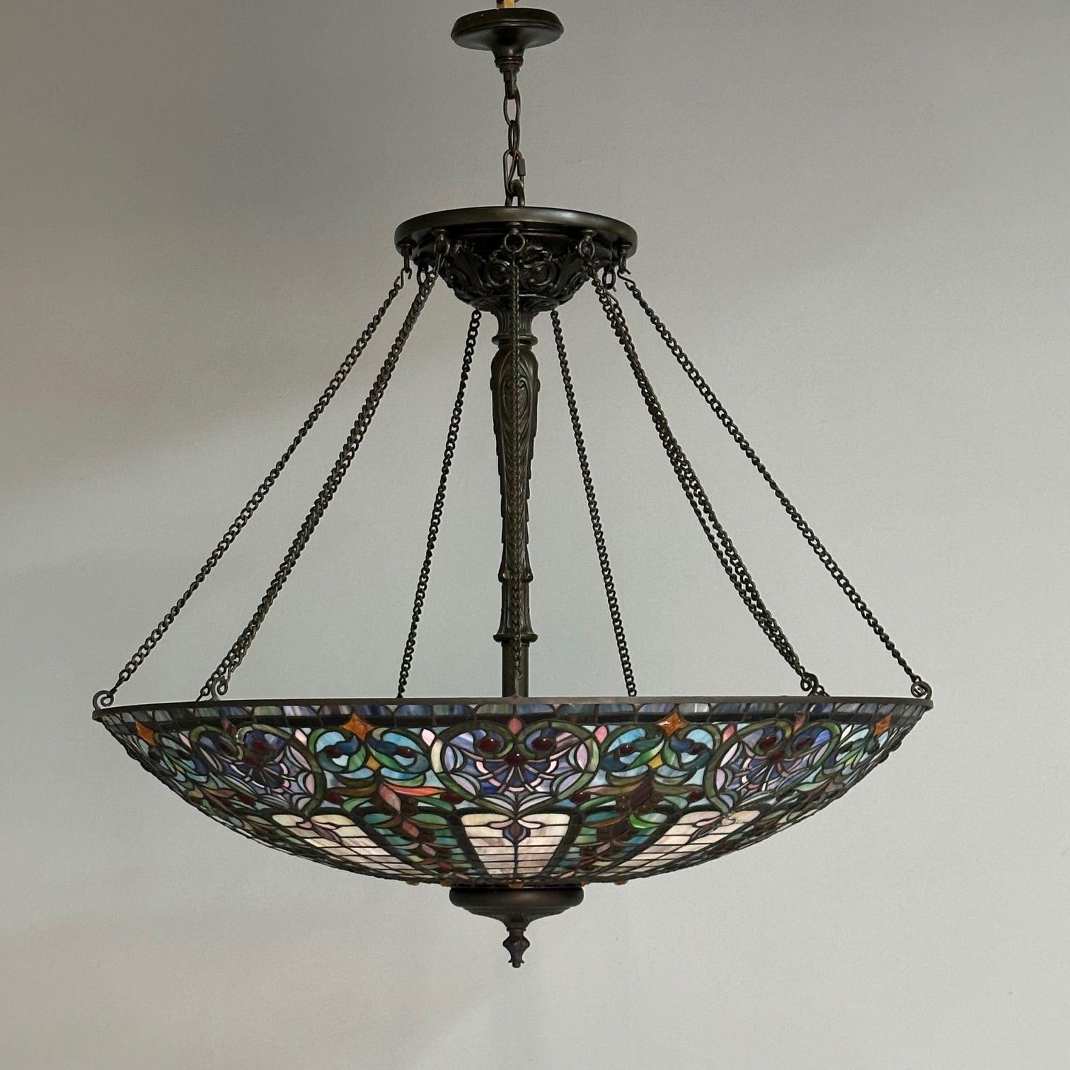 Quoizel, Tiffany Style, Bowl Chandelier, Resin, Art Glass, Bronze, 2010s 5