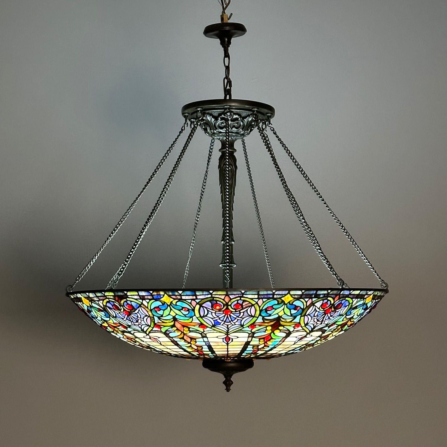 Arts and Crafts Quoizel, Tiffany Style, Bowl Chandelier, Resin, Art Glass, Bronze, 2010s For Sale