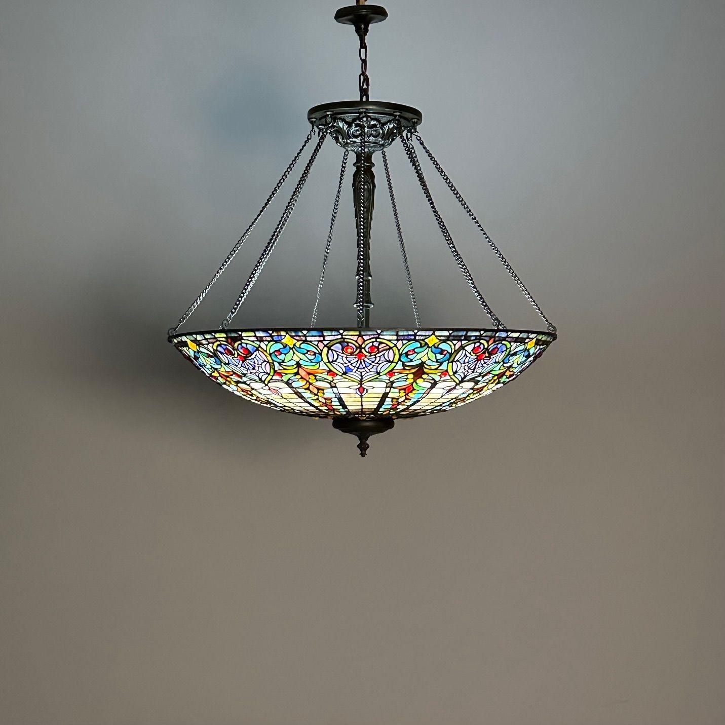 Contemporary Quoizel, Tiffany Style, Bowl Chandelier, Resin, Art Glass, Bronze, 2010s For Sale