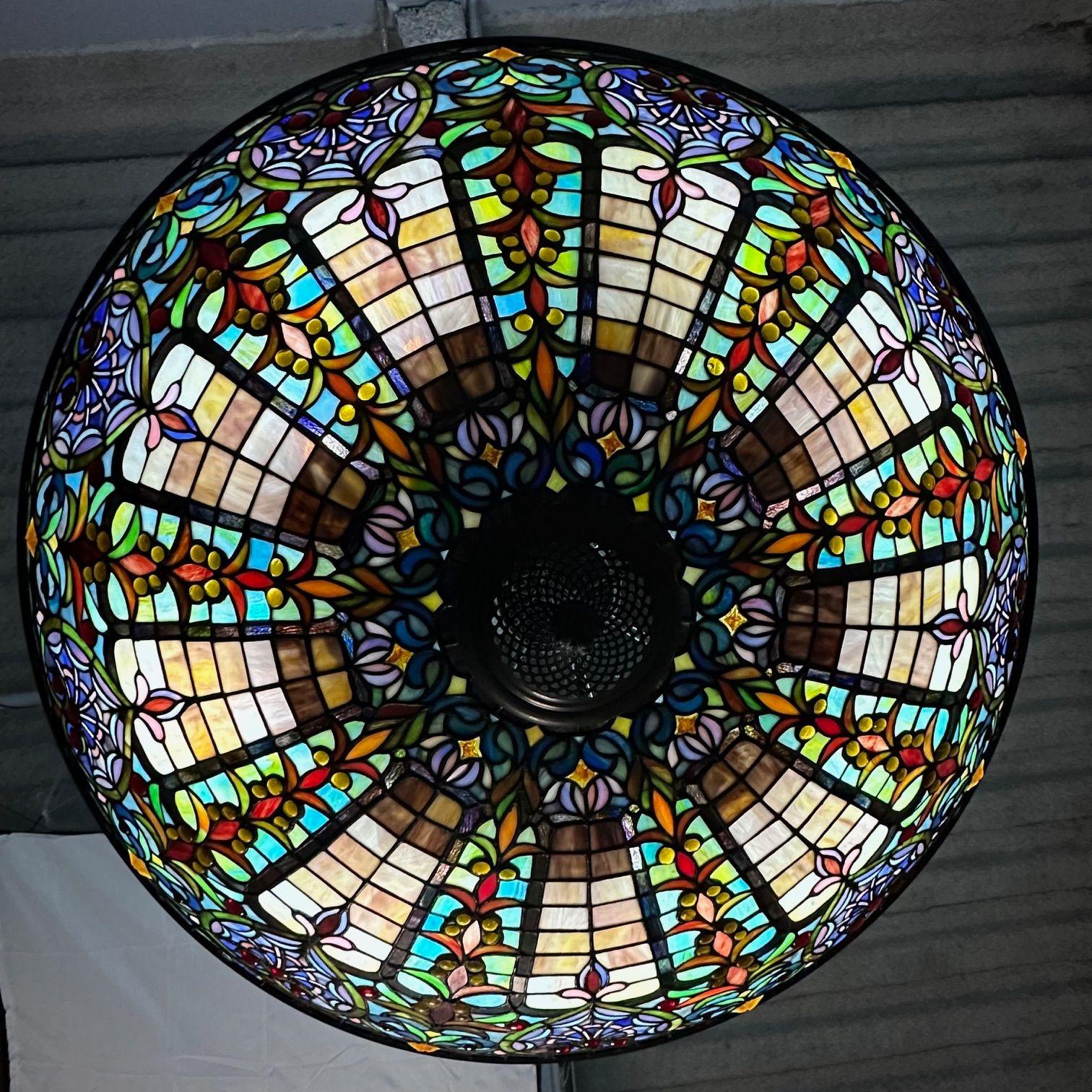 Metal Quoizel, Tiffany Style, Bowl Chandelier, Resin, Art Glass, Bronze, 2010s