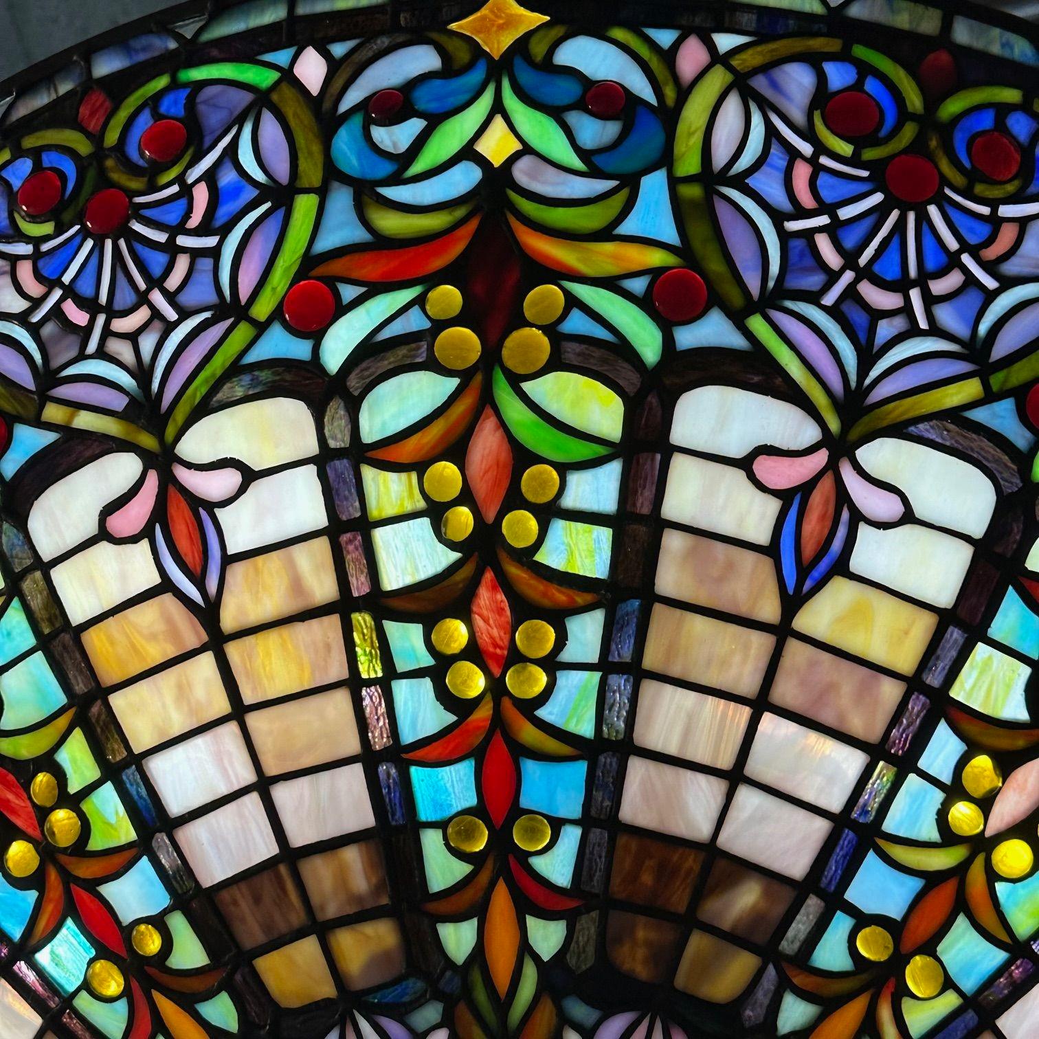 Quoizel, Tiffany Style, Bowl Chandelier, Resin, Art Glass, Bronze, 2010s 1