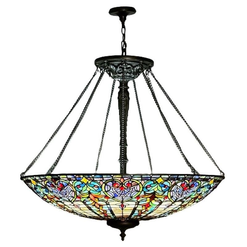 Quoizel, Tiffany Style, Bowl Chandelier, Resin, Art Glass, Bronze, 2010s