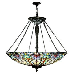 Quoizel, Tiffany Style, Bowl Chandelier, Resin, Art Glass, Bronze, 2010s