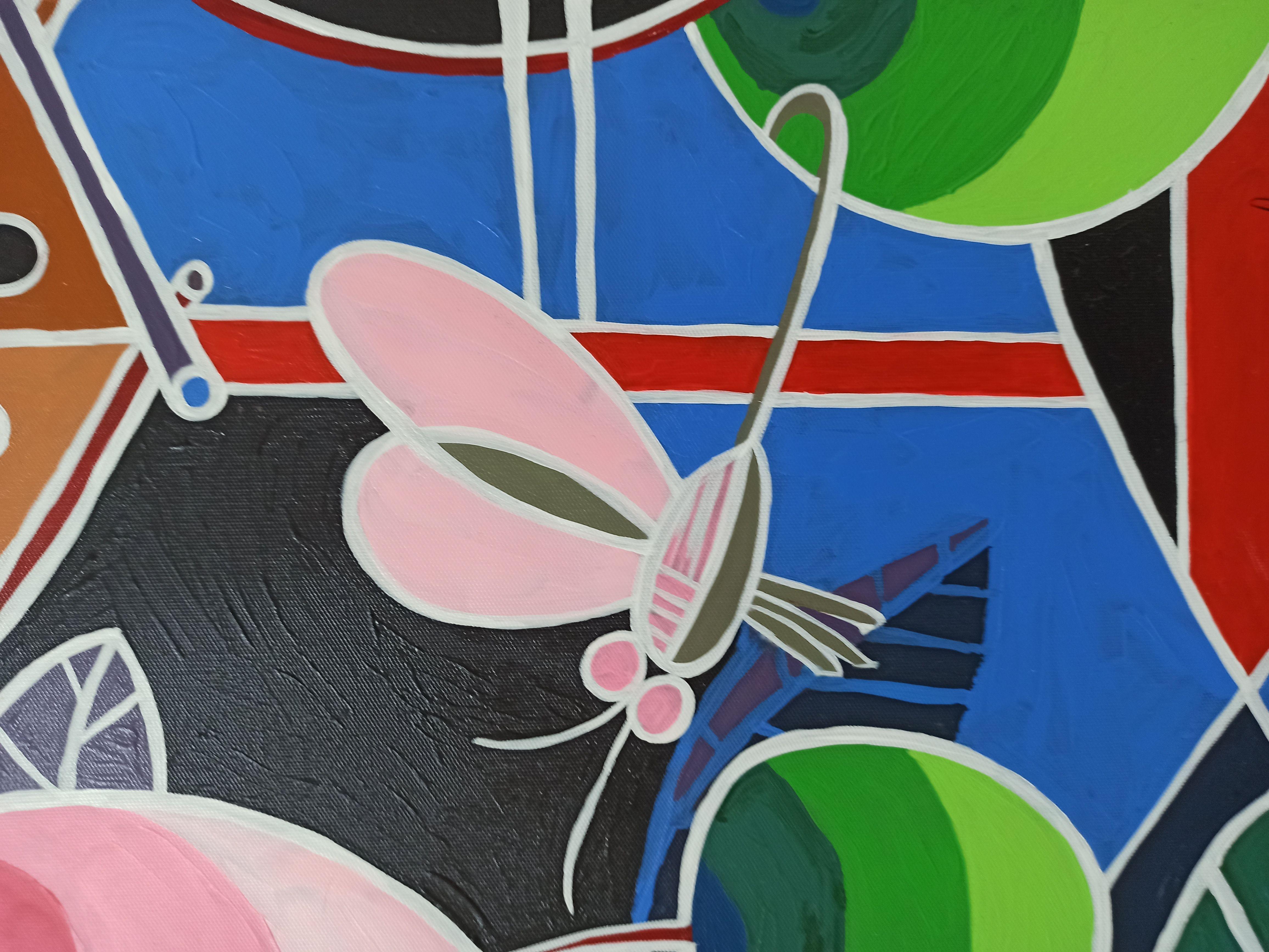 Peinture libellule dans mon jardin, Acrylique sur Toile - Cubisme Painting par QUYNH ELISA HOANG