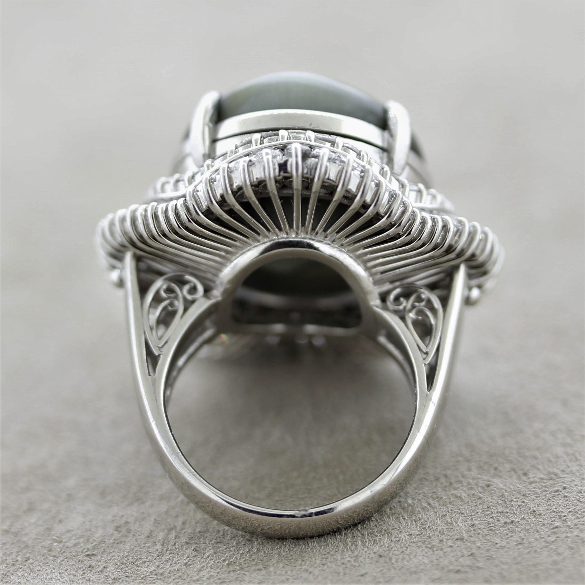 Mixed Cut R-15630 Massive Cats Eye Chrysoberyl Diamond Platinum Cocktail Ring For Sale