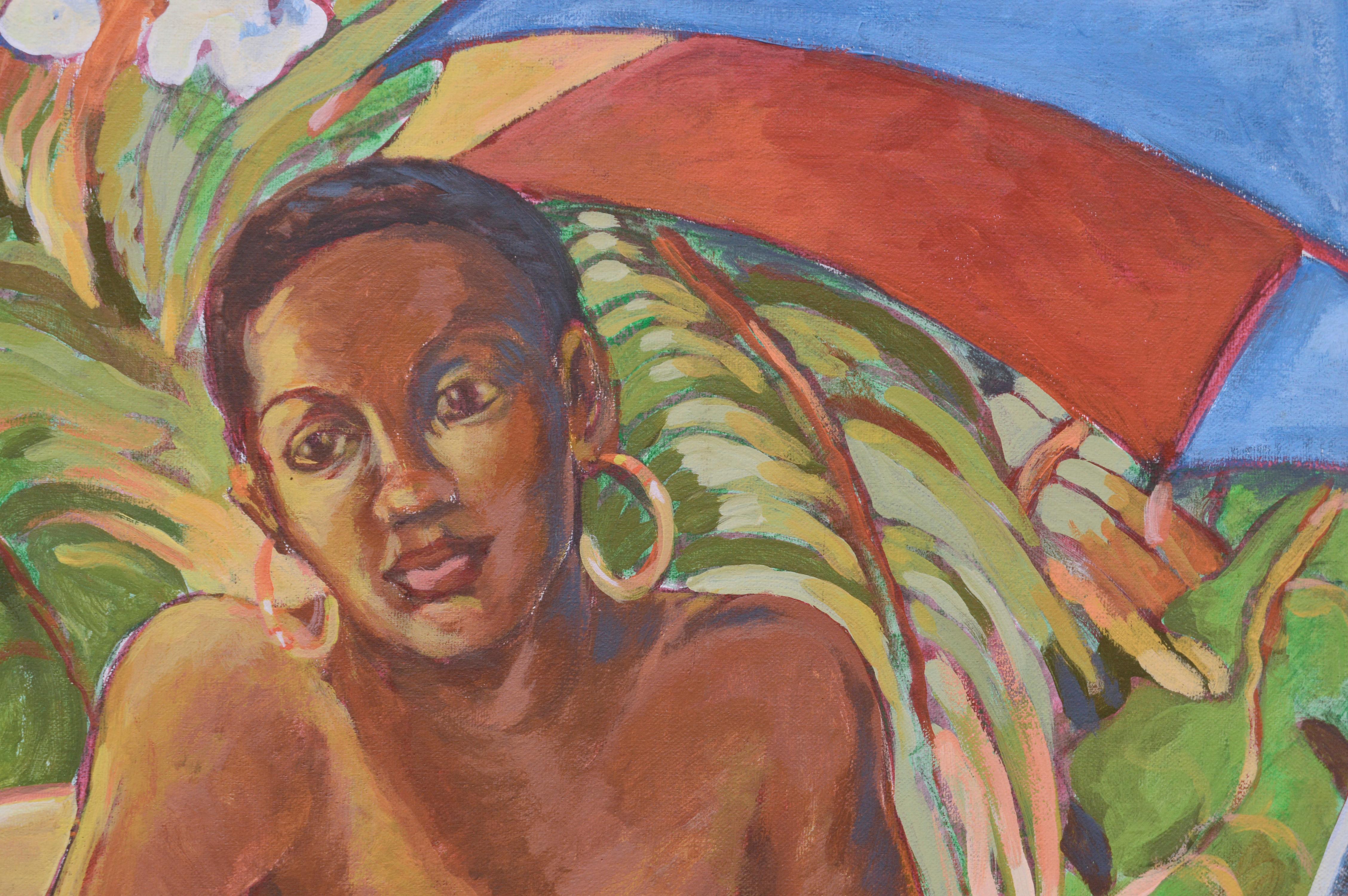 Ritratto di donna con teiera e piante tropicali - Painting di R. A. Bobbie Dixon