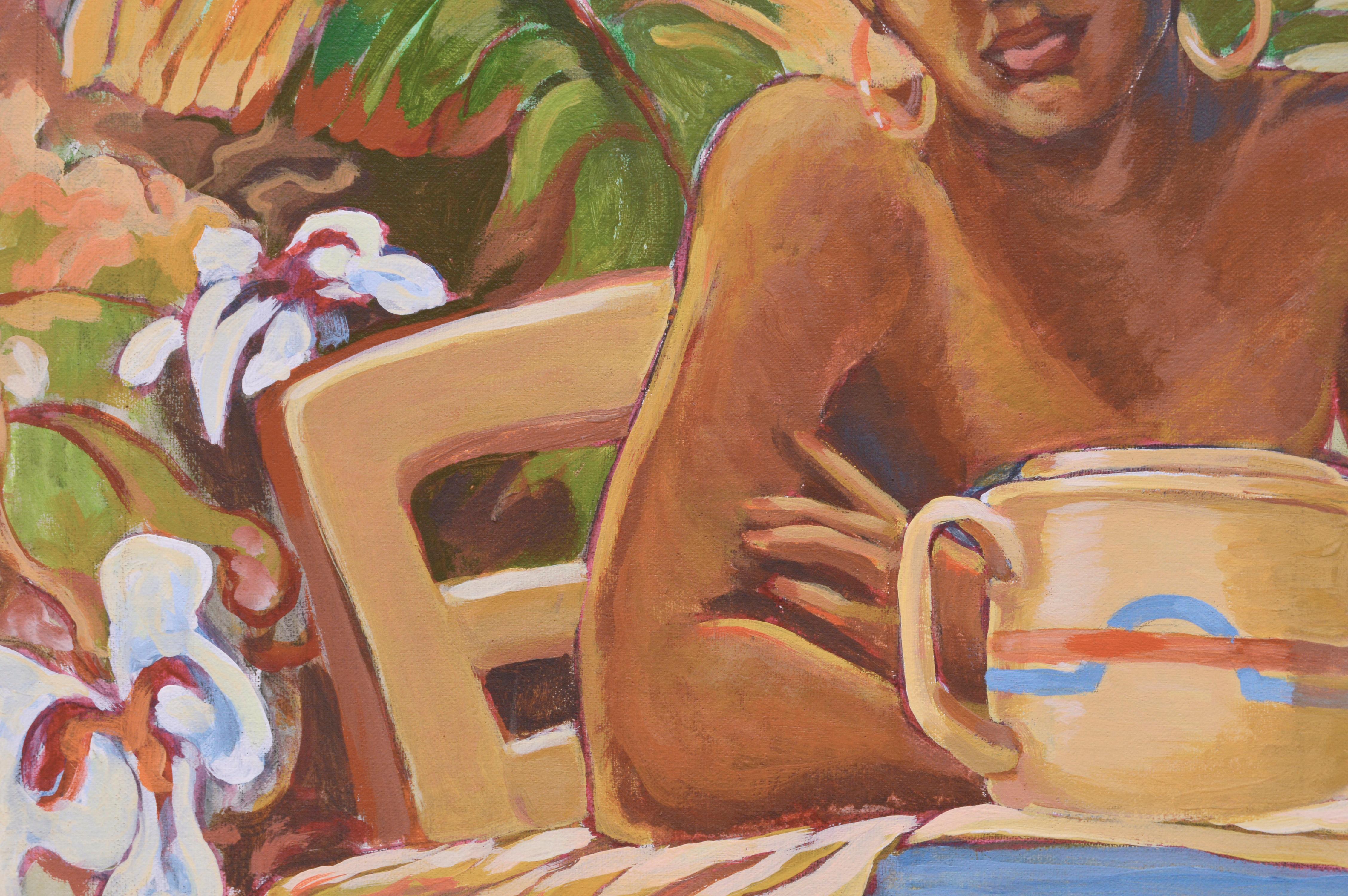 Ritratto di donna con teiera e piante tropicali - Painting Postimpressionismo di R. A. Bobbie Dixon