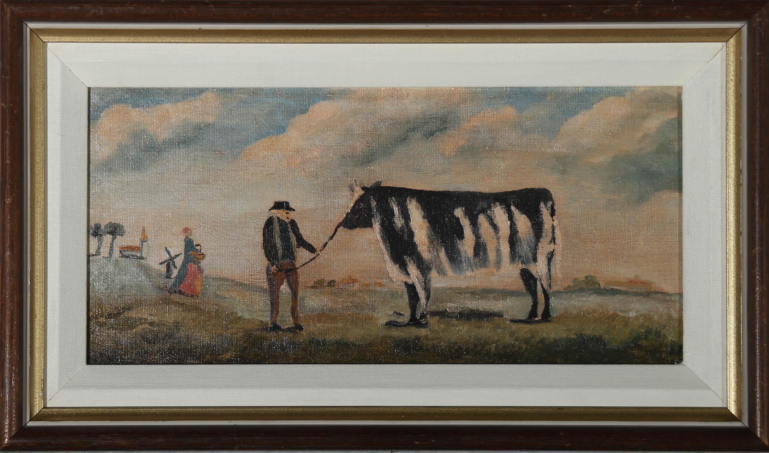 A thoroughly charming 20th Century Folk art scene in oil, showing a handsome heifer with its proud owner. The naive style, mirroring that of original 19th Century Folk art paintings of similar subjects, adds much fun and character to the piece. The