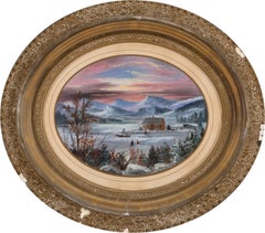"Brilliant Sunset Over a Winter Farm Landscape" Hudson River School Oval View