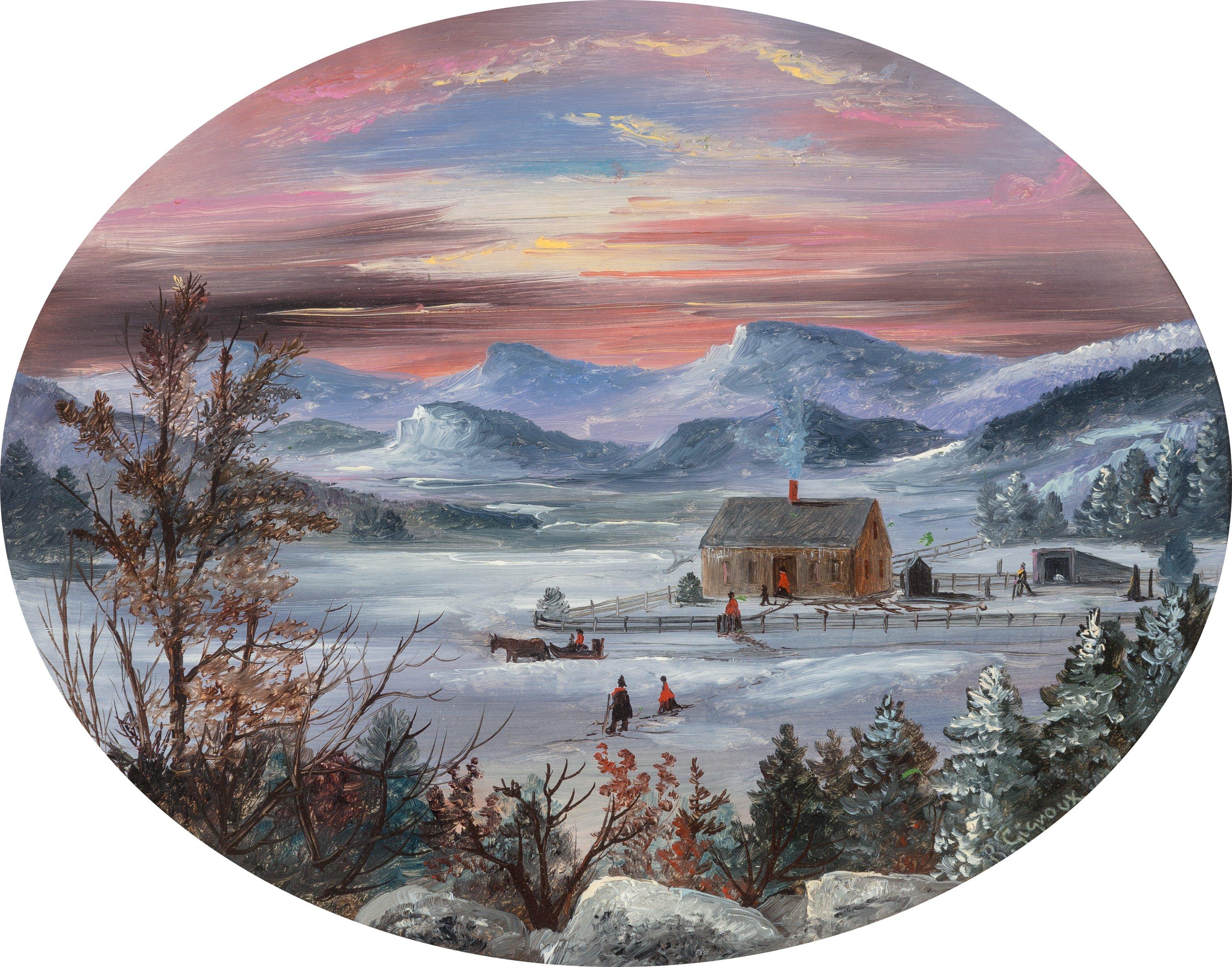 Régis François Gignoux Landscape Painting - "Brilliant Sunset Over a Winter Farm Landscape" Hudson River School Oval View