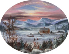 "Brilliant Sunset Over a Winter Farm Landscape" Hudson River School Oval View