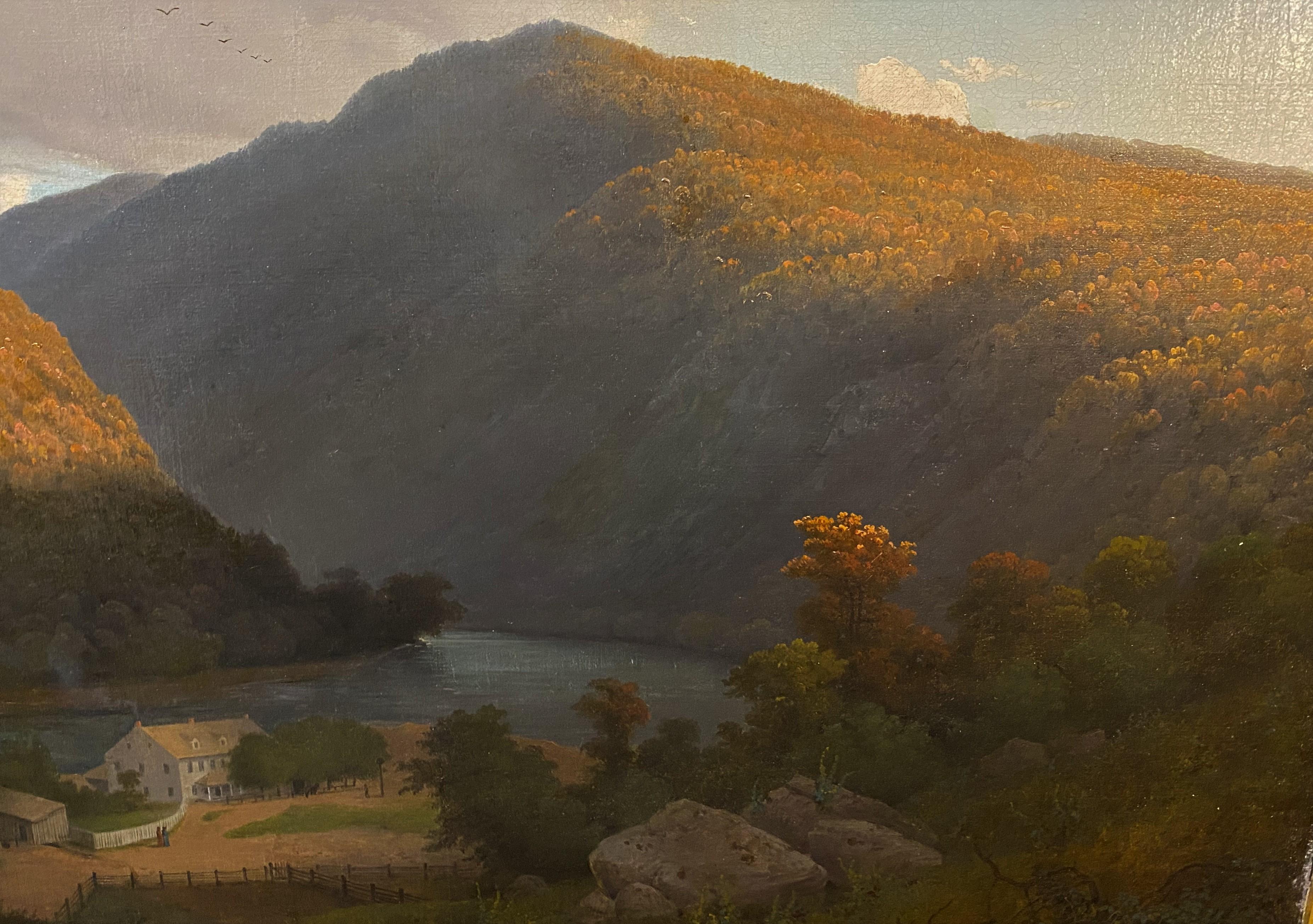 A finely detailed oil landscape of the Delaware Gap attributed to French American artist Regis Francois Gignoux (1816-1882). Gignoux was born in Lyon, France, and began his studies in Fribourg, Switzerland and then at the St. Pierre Academie in