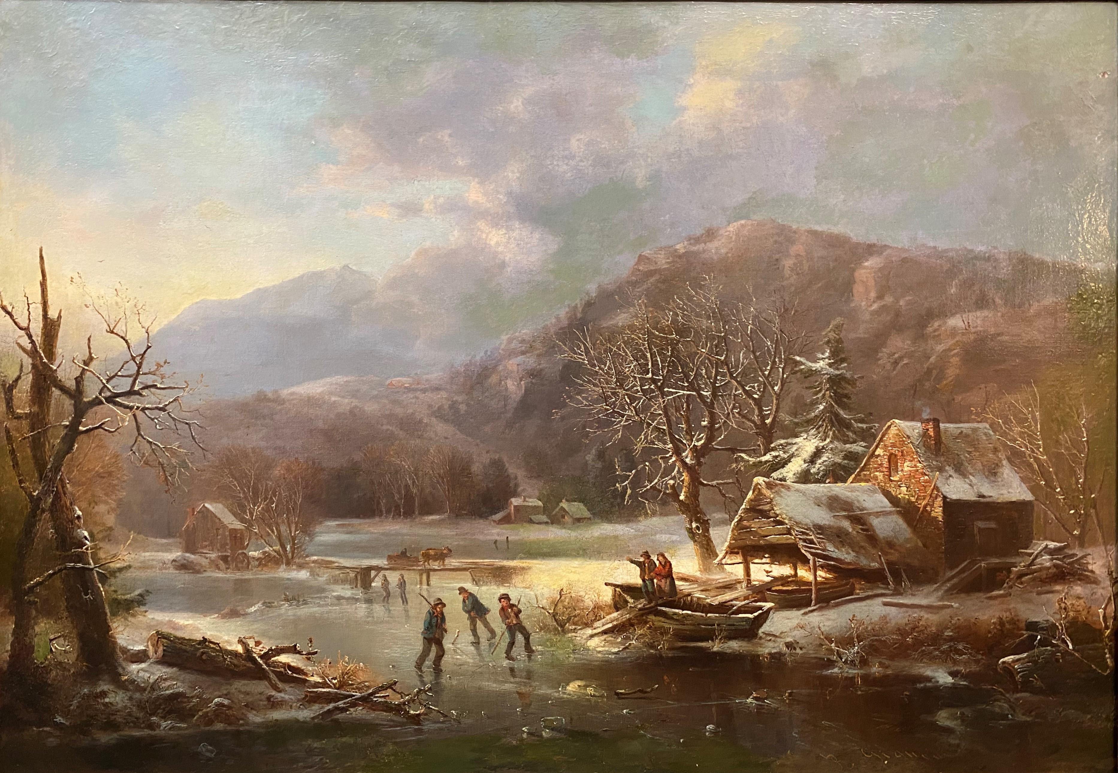 Paysage d'hiver avec une scène de patinage - Painting de Régis François Gignoux