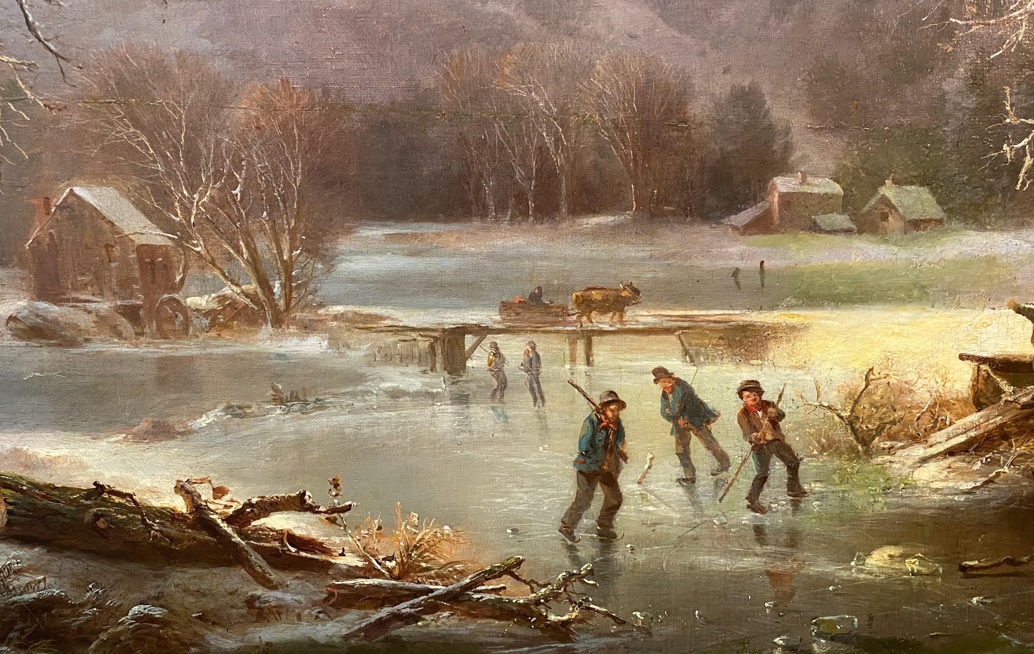 Paysage d'hiver avec une scène de patinage - Impressionnisme américain Painting par Régis François Gignoux