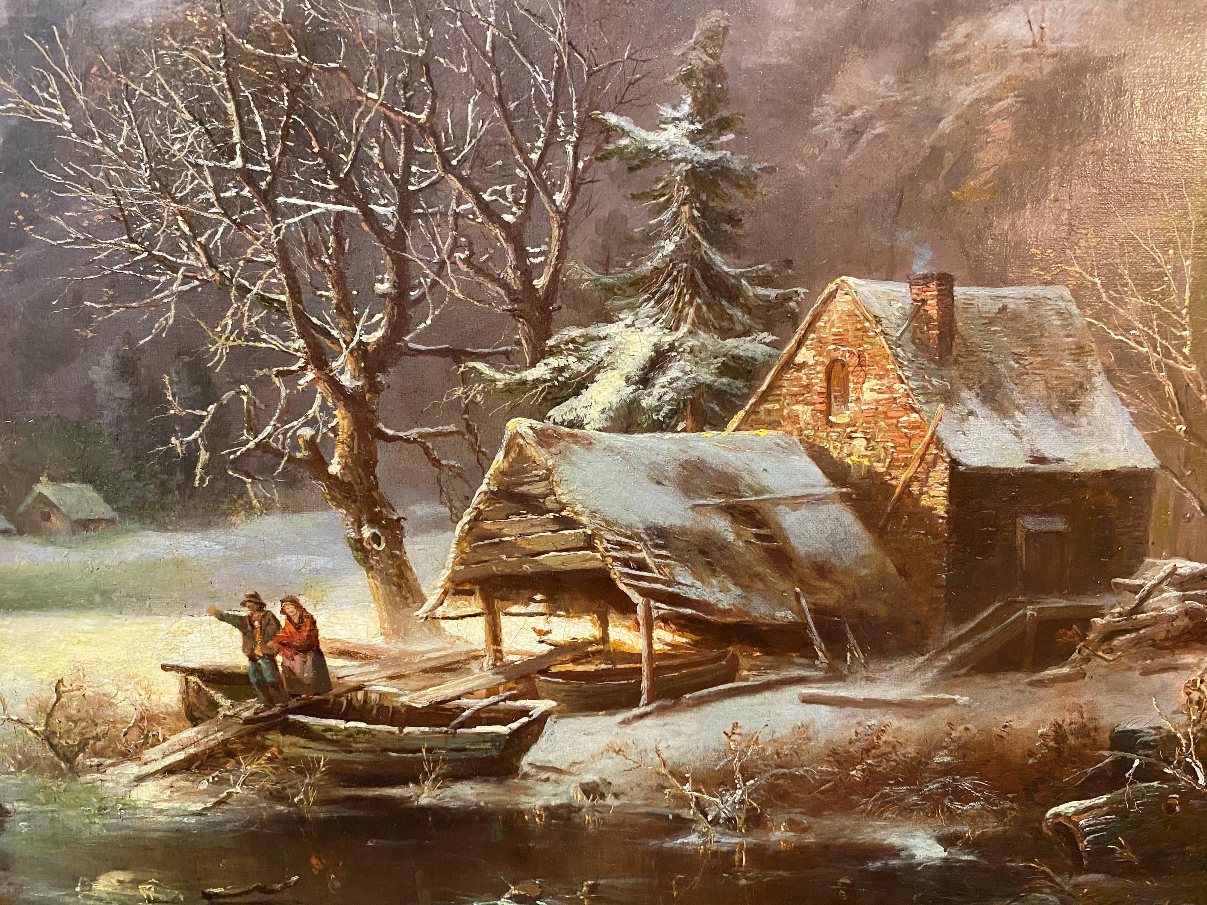 Eine schöne Winterlandschaft mit einer Eislaufszene des französisch-amerikanischen Künstlers Regis Francois Gignoux (1816-1882). Gignoux wurde in Lyon (Frankreich) geboren und studierte zunächst in Fribourg (Schweiz) und dann an der Academie St.