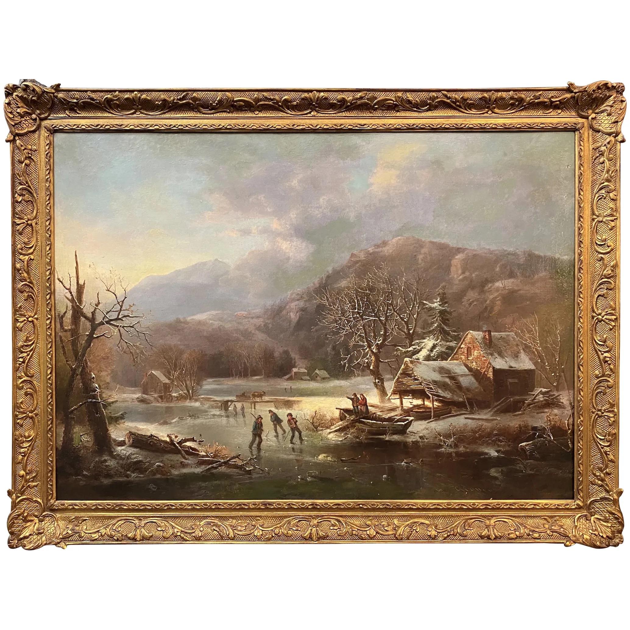 Landscape Painting Régis François Gignoux - Paysage d'hiver avec une scène de patinage