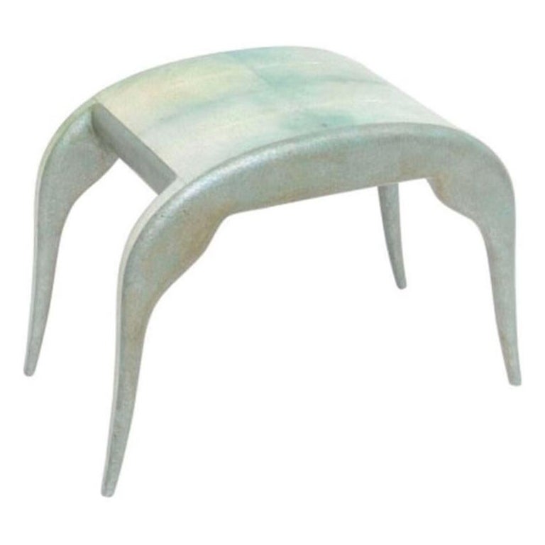 R and Y Augousti French Modern White and Green Curved Shagreen Bench For Sale