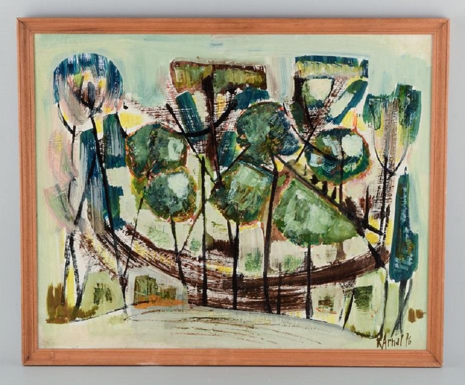 R. Arnal, an unknown artist.
Modernist landscape.
Oil on canvas.
Signed and dated 1976.
In perfect condition.
Dimensions: 62.0 x 50,0 / Total: 65.5 x 54.0 cm. with frame.