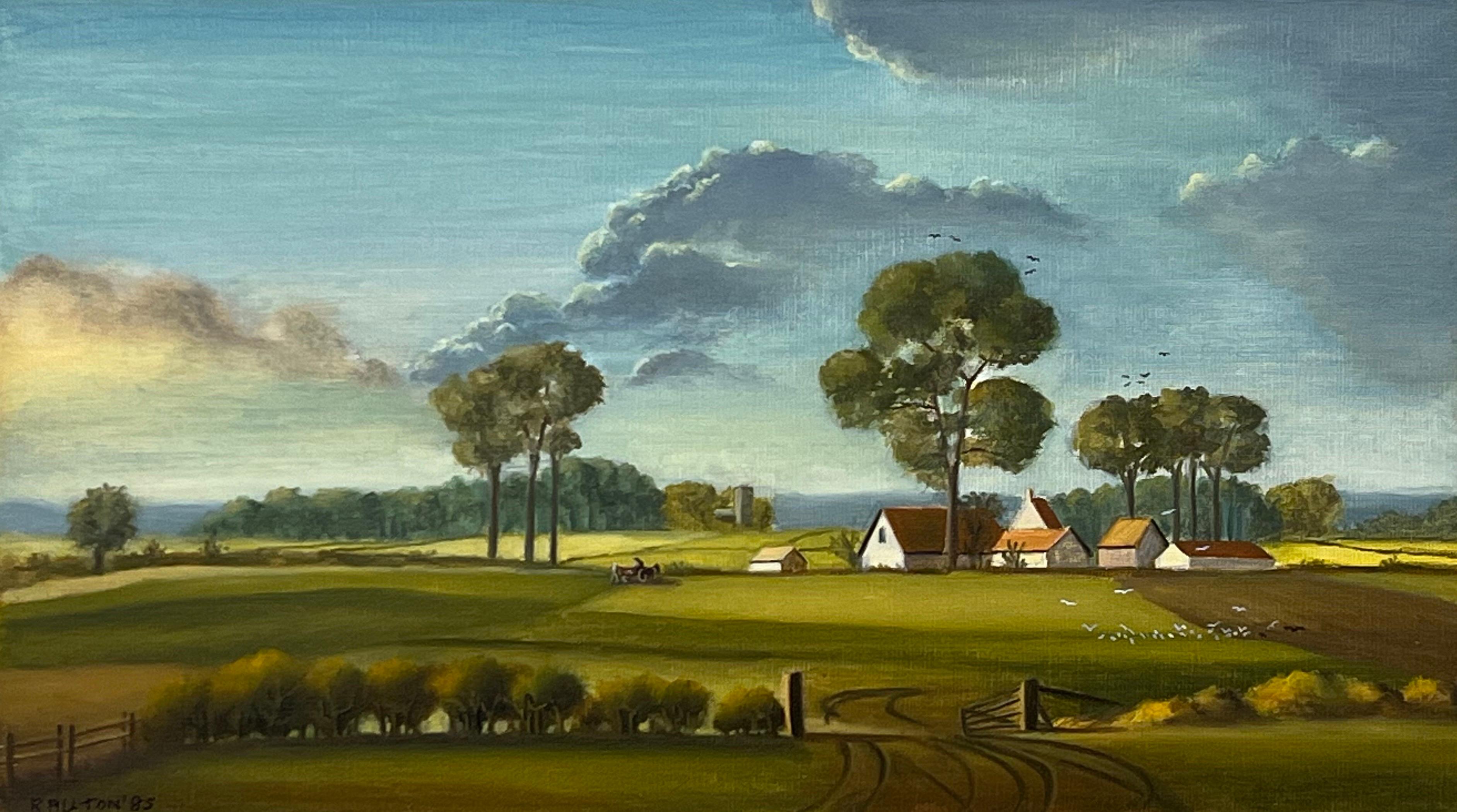 Farm Landscape with Lush Green Fields & Summer Sky in the English Countryside For Sale 10
