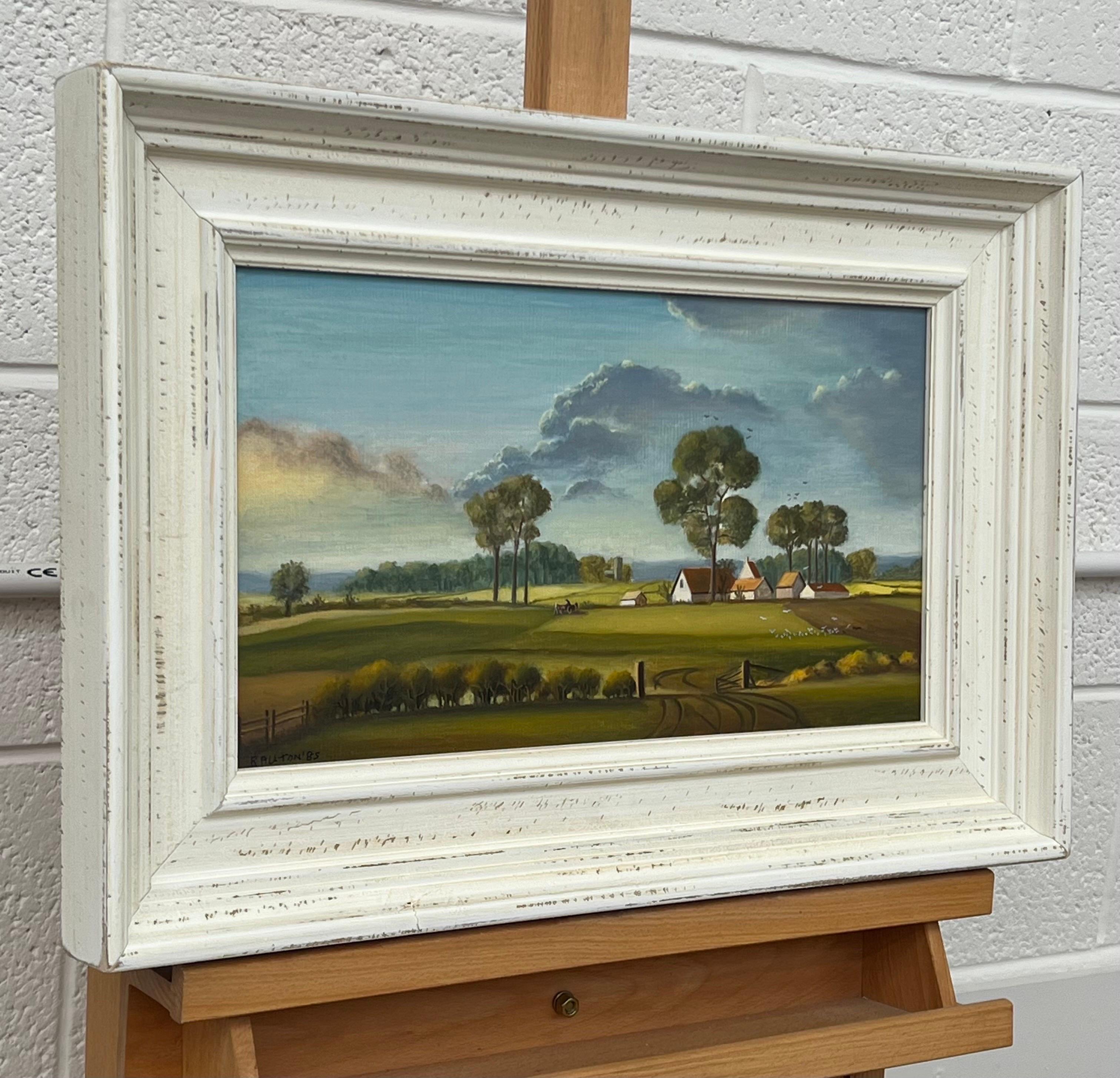 Farm Landscape with Lush Green Fields & Summer Sky in the English Countryside - Painting by R Auton