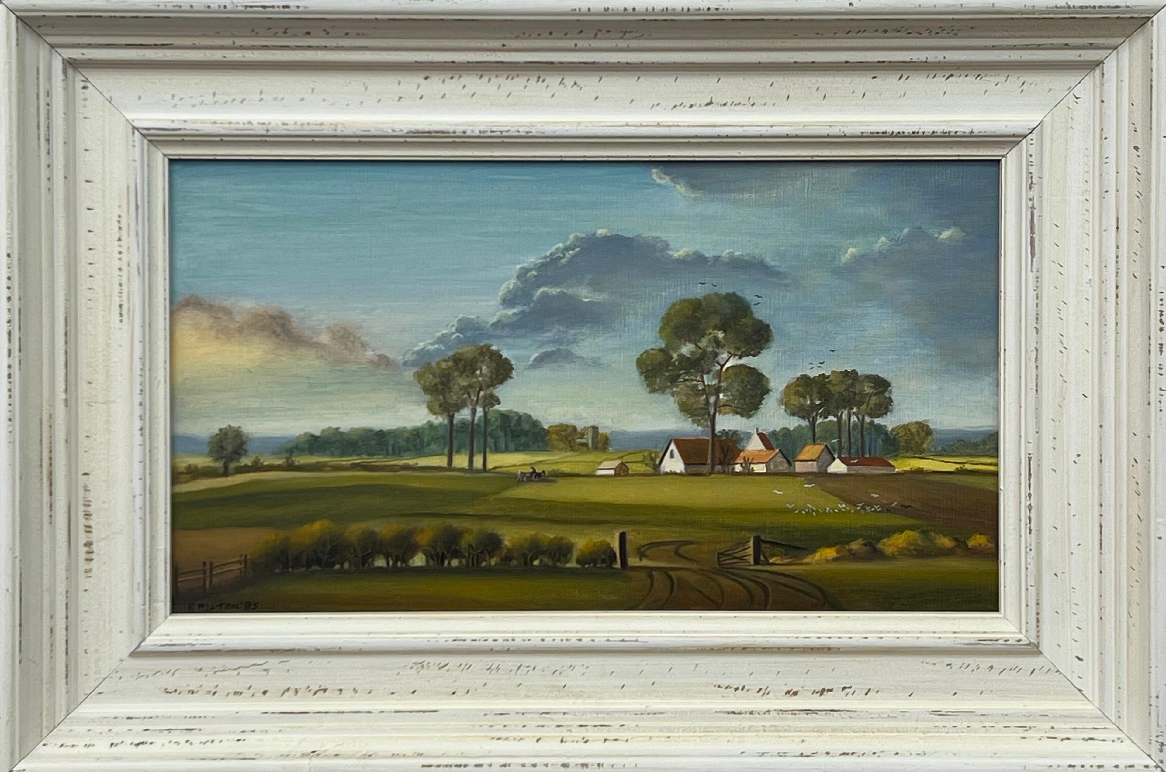 R Auton Figurative Painting - Farm Landscape with Lush Green Fields & Summer Sky in the English Countryside